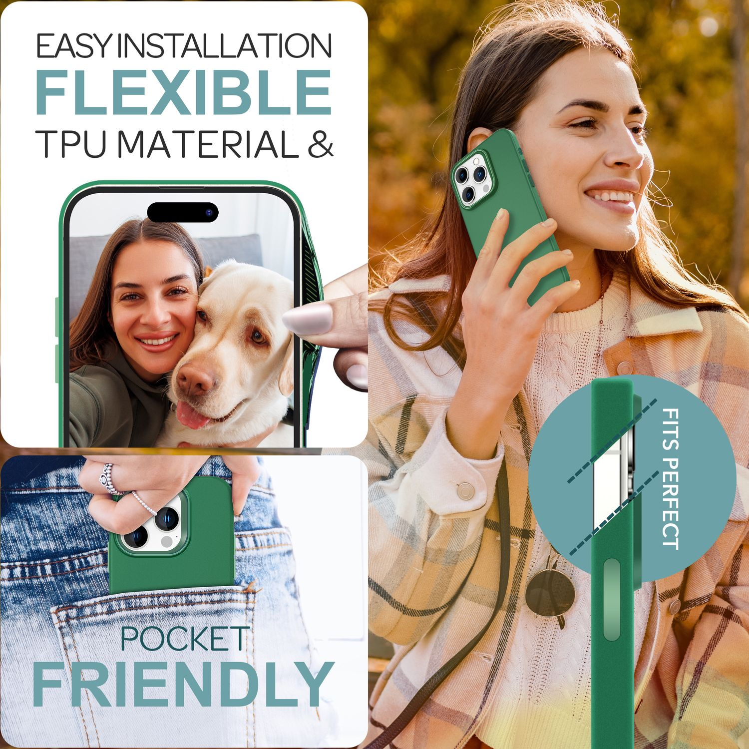 Grüne Handyhülle. Frau hält Telefon, zeigt Telefon in der Tasche und Bild von Frau und Hund auf dem Telefon.