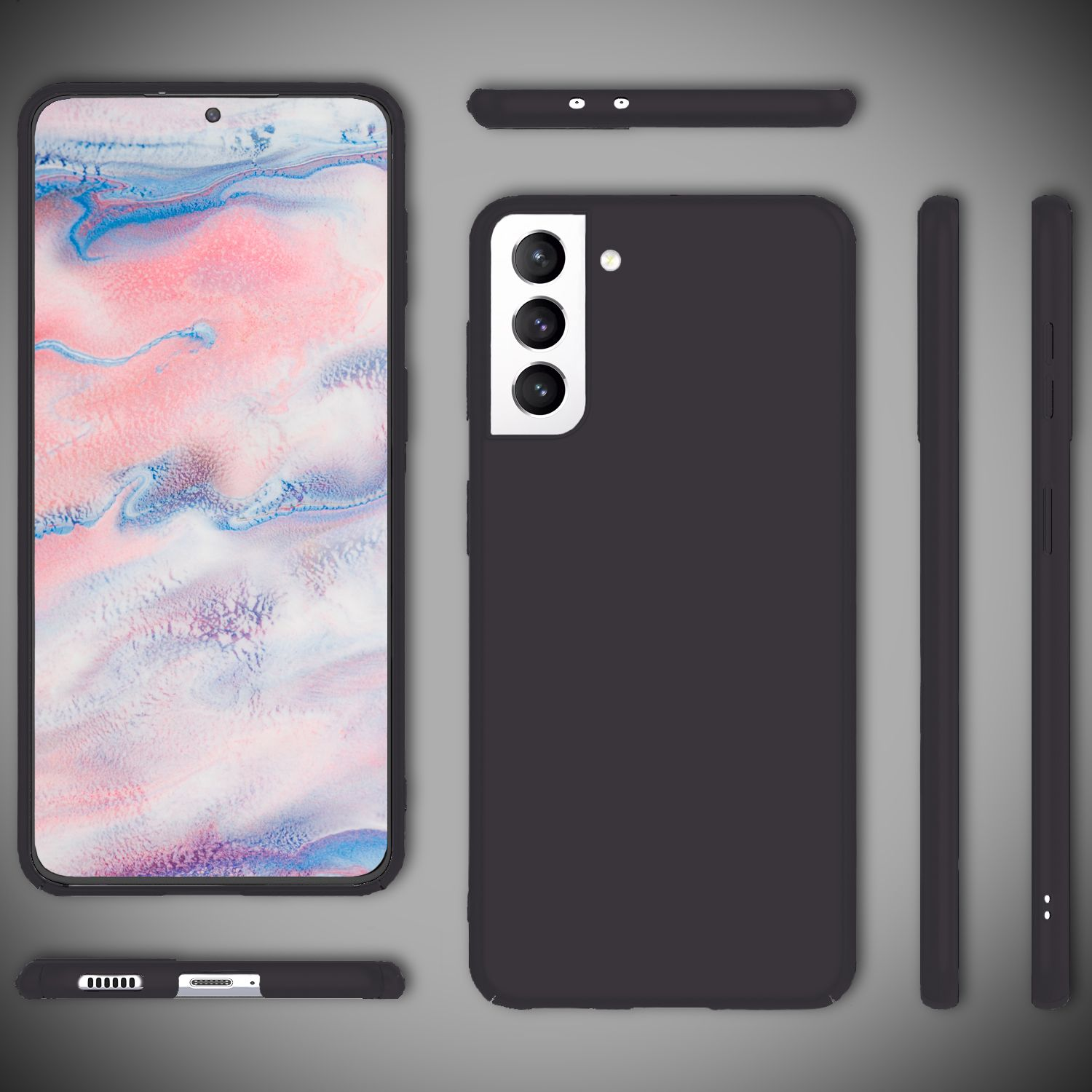 Un telefono nero in una custodia nera, mostrato da diverse angolazioni su uno sfondo grigio.