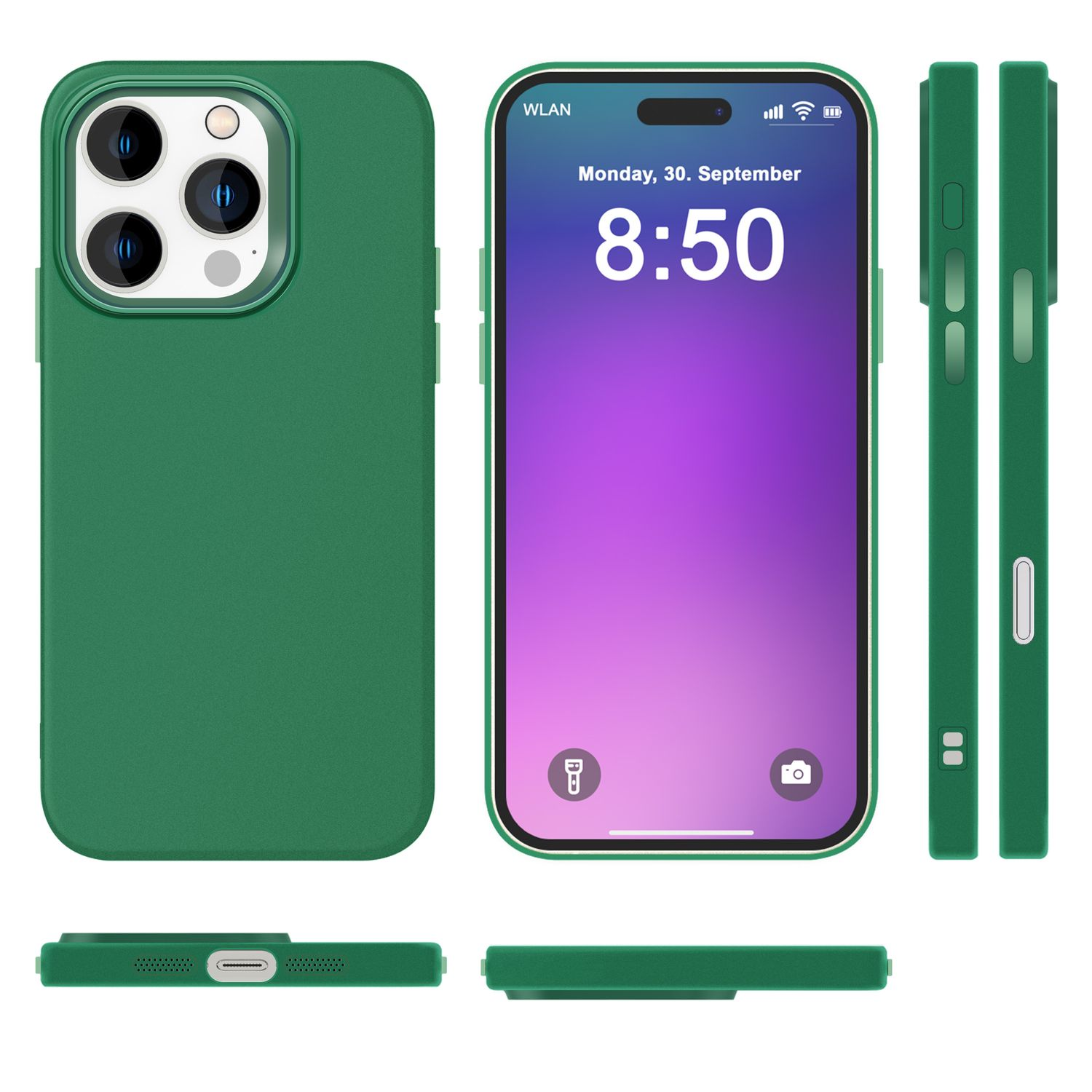Grüne Handyhülle mit Telefon, das die Uhrzeit und einen lila Hintergrund zeigt. Seiten- und Unteransicht.
