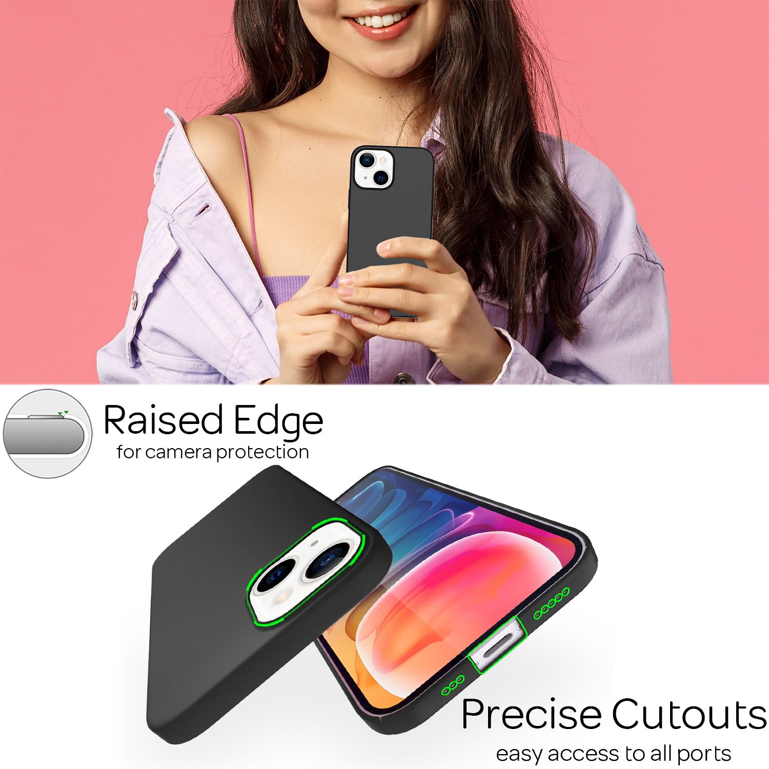 Mujer sostiene una funda de teléfono negra con borde verde sobre fondo rosa.