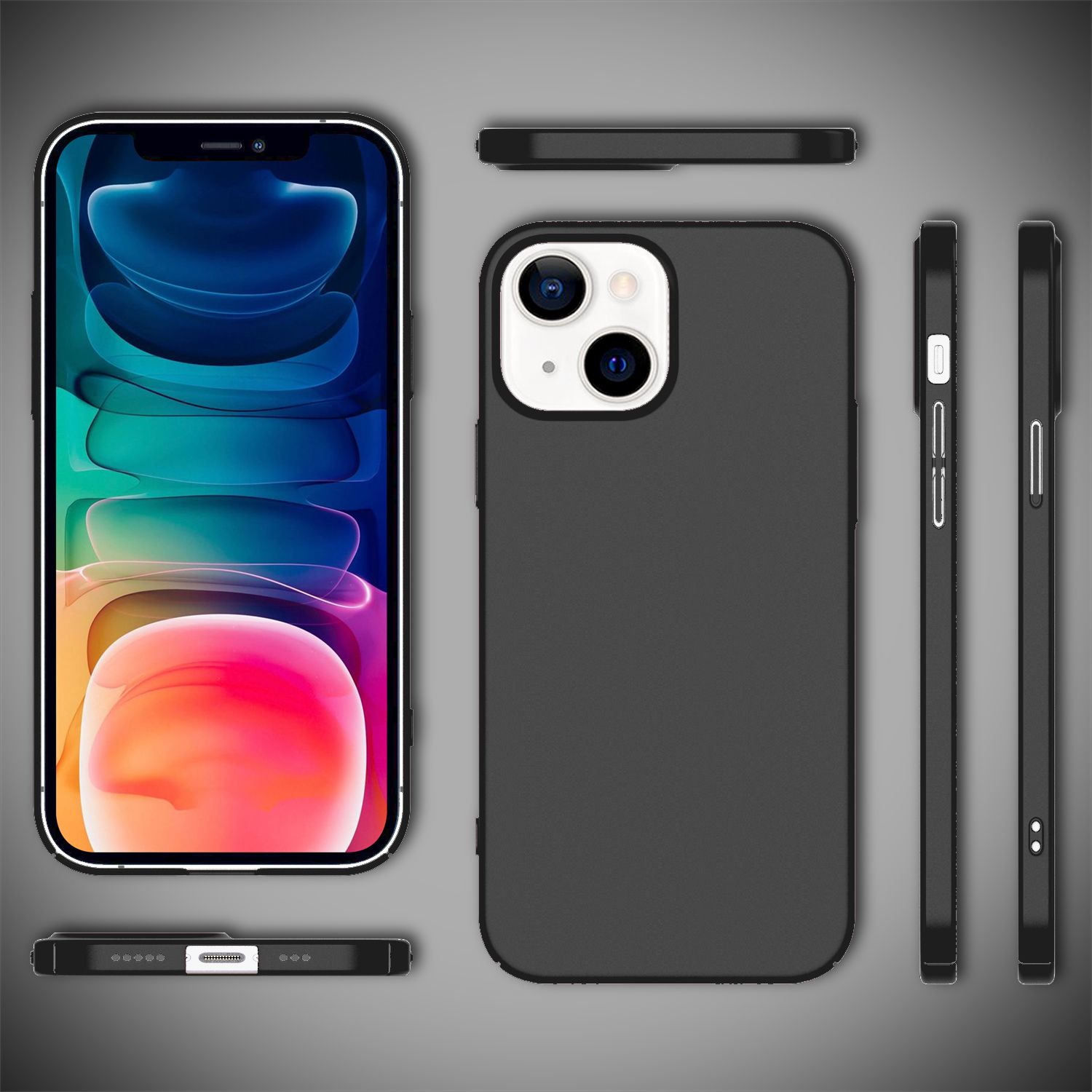 Funda de teléfono negra con teléfono negro. Se muestra desde varios ángulos con texto en la funda: 'The Ultimate Experience'.