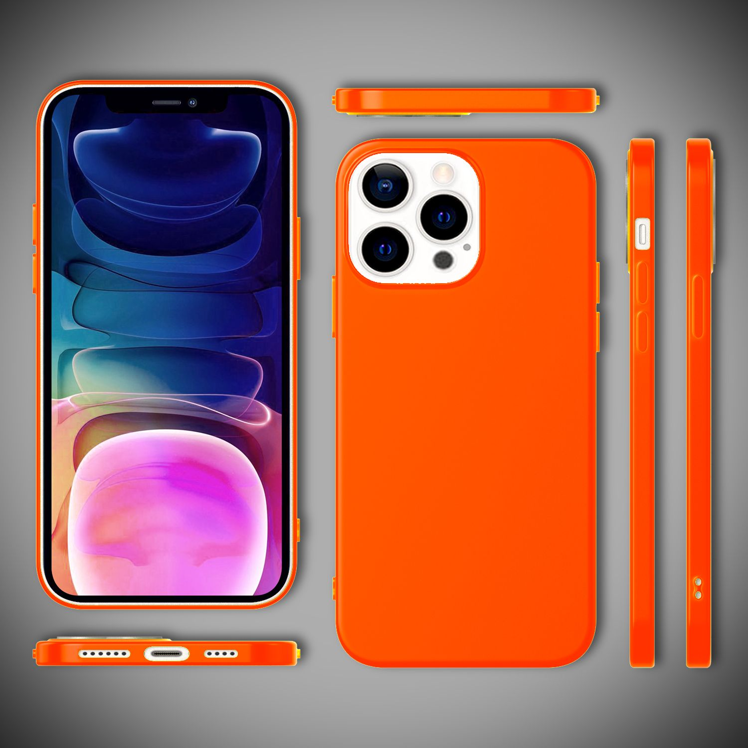 Orangefarbene Handyhülle mit Telefon, verschiedene Ansichten. Telefon hat mehrere Kameras, Hülle ist orange.