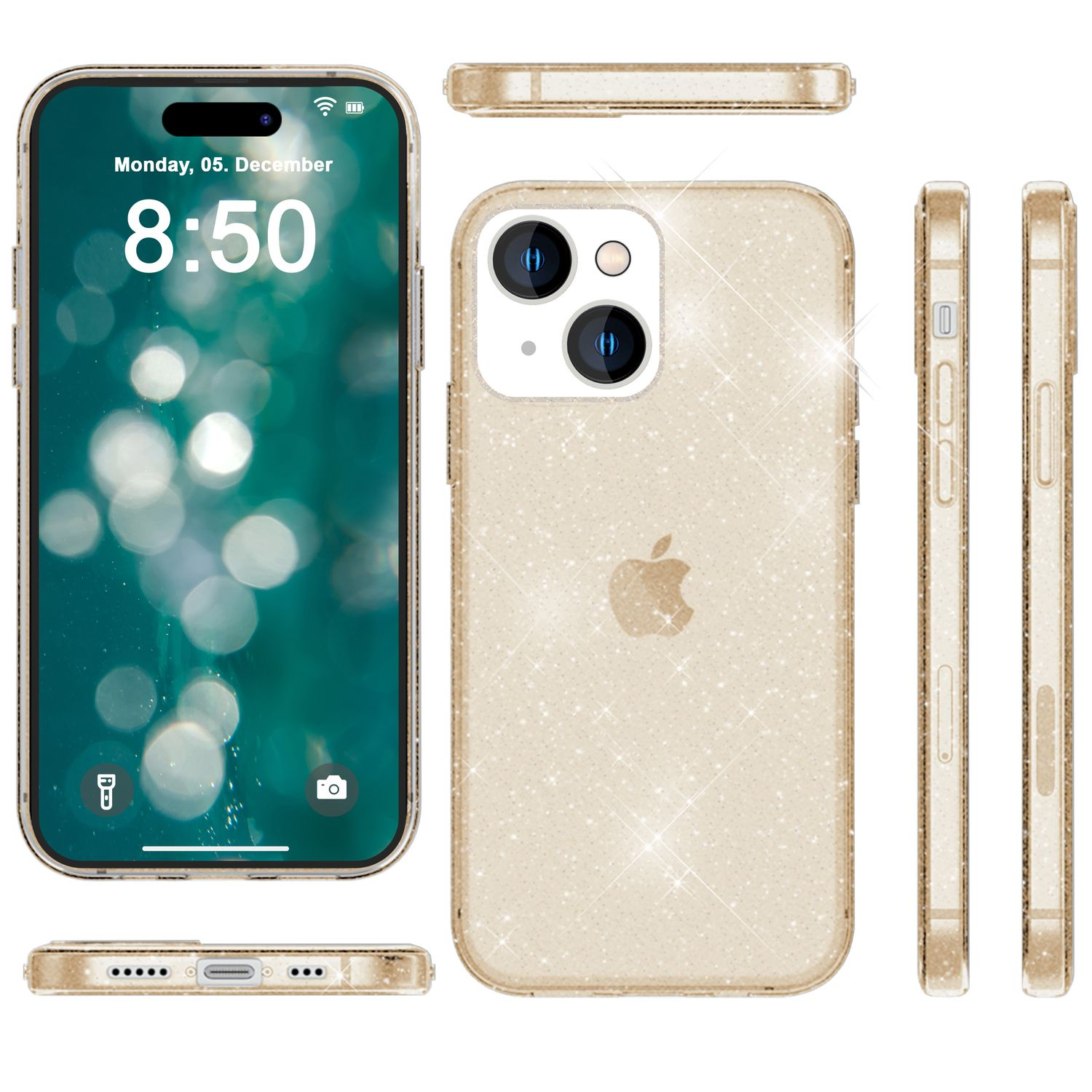 Goldene glitzernde Handyhülle mit Telefon, verschiedene Ansichten. Das Telefon zeigt Datum und Uhrzeit.