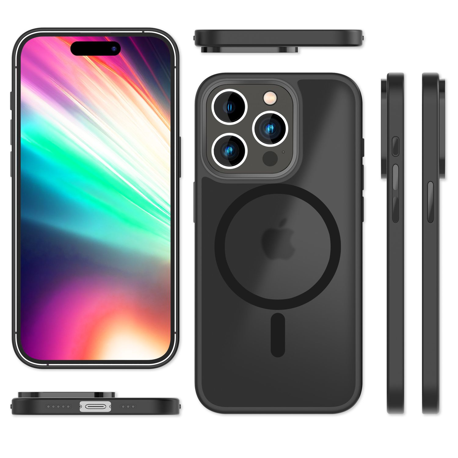 Schwarze iPhone-Hülle mit mehreren Ansichten. Zeigt die Rückseite, Seiten und Oberseite.