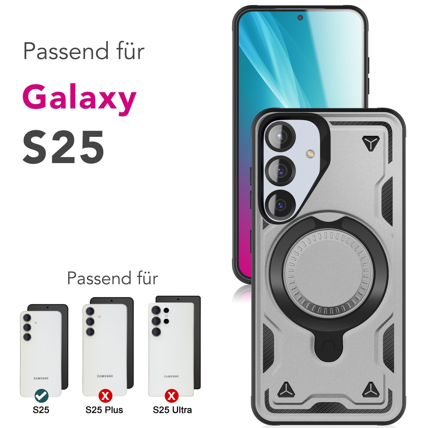 Handyhülle mit Telefon, kompatibel mit Galaxy S25 Modellen. Zeigt Telefon- und Hüllendesigns.