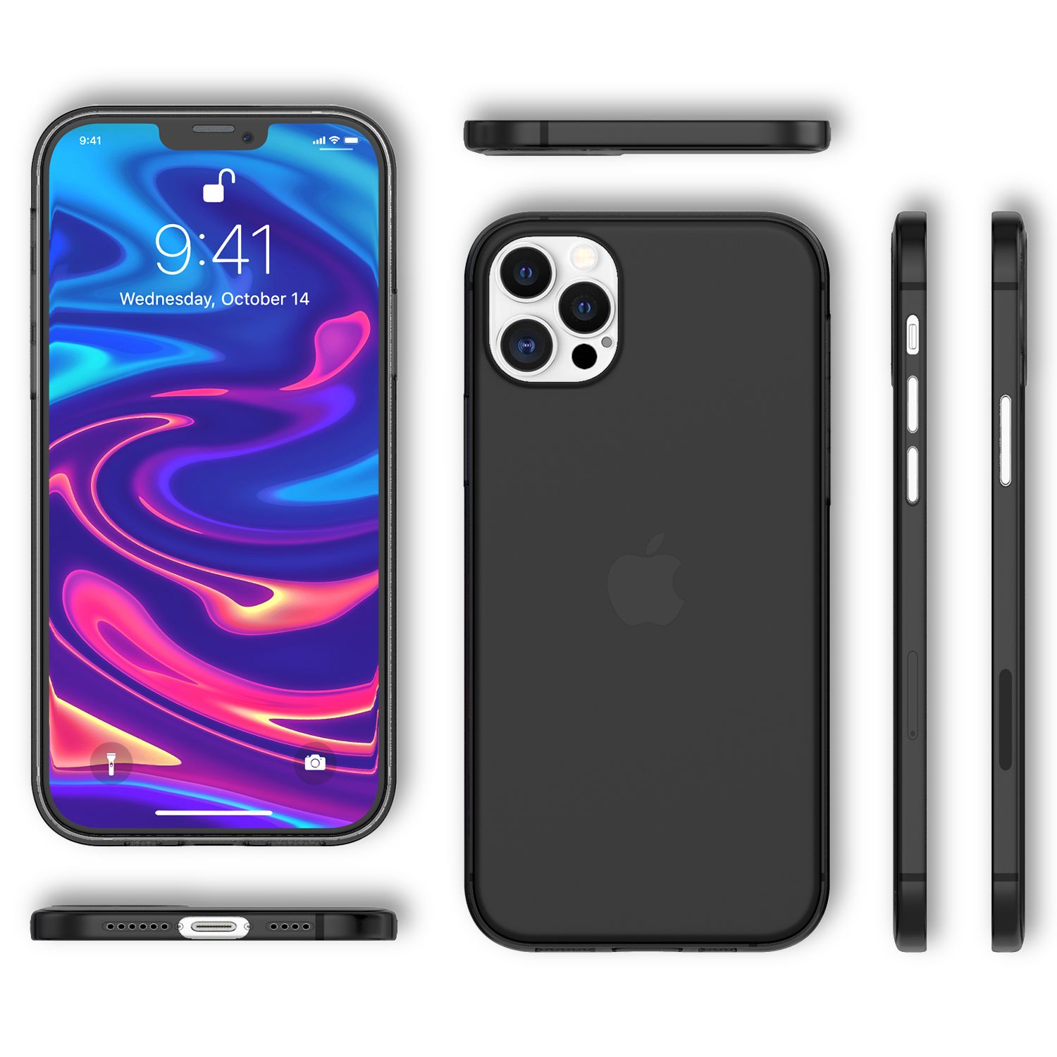 Schwarze iPhone-Hülle mit mehreren Ansichten. Zeigt die Rückseite, Seiten und Oberseite.