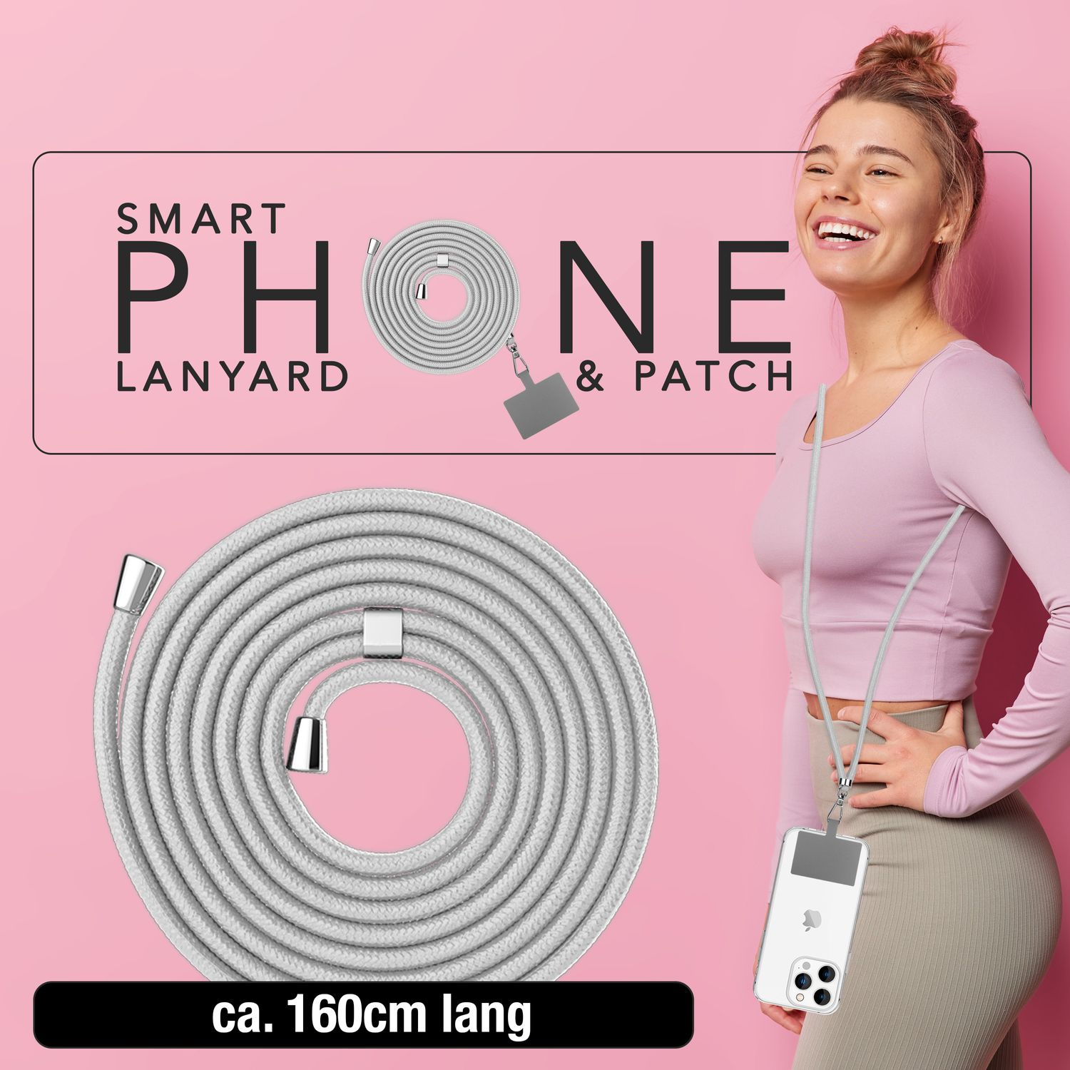 Una mujer sostiene un teléfono con un cordón, junto al texto 'SMART PHONE LANYARD & PATCH'.