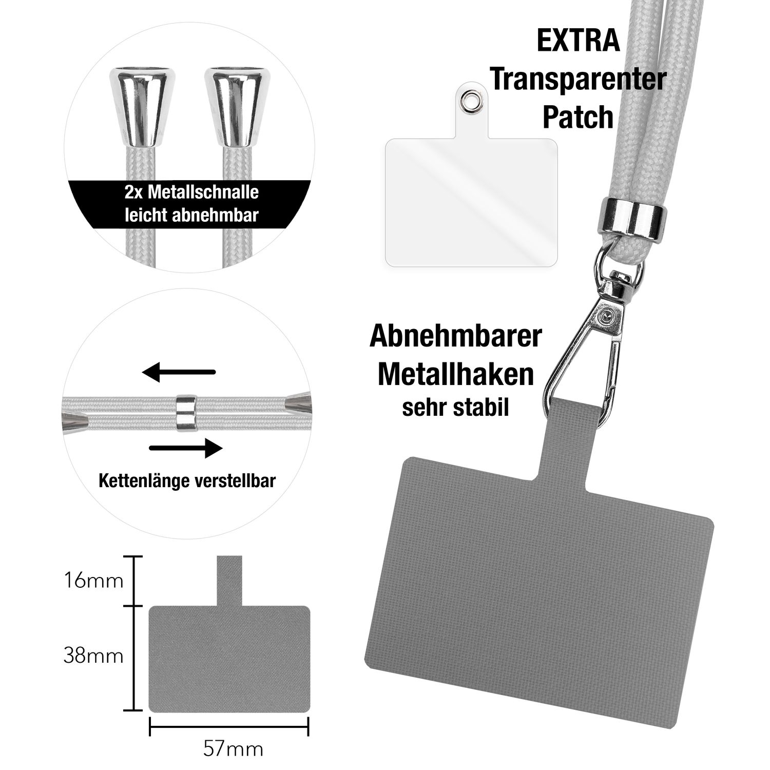 Accesorios de correa para teléfono con longitud ajustable, cierres metálicos y parche transparente.