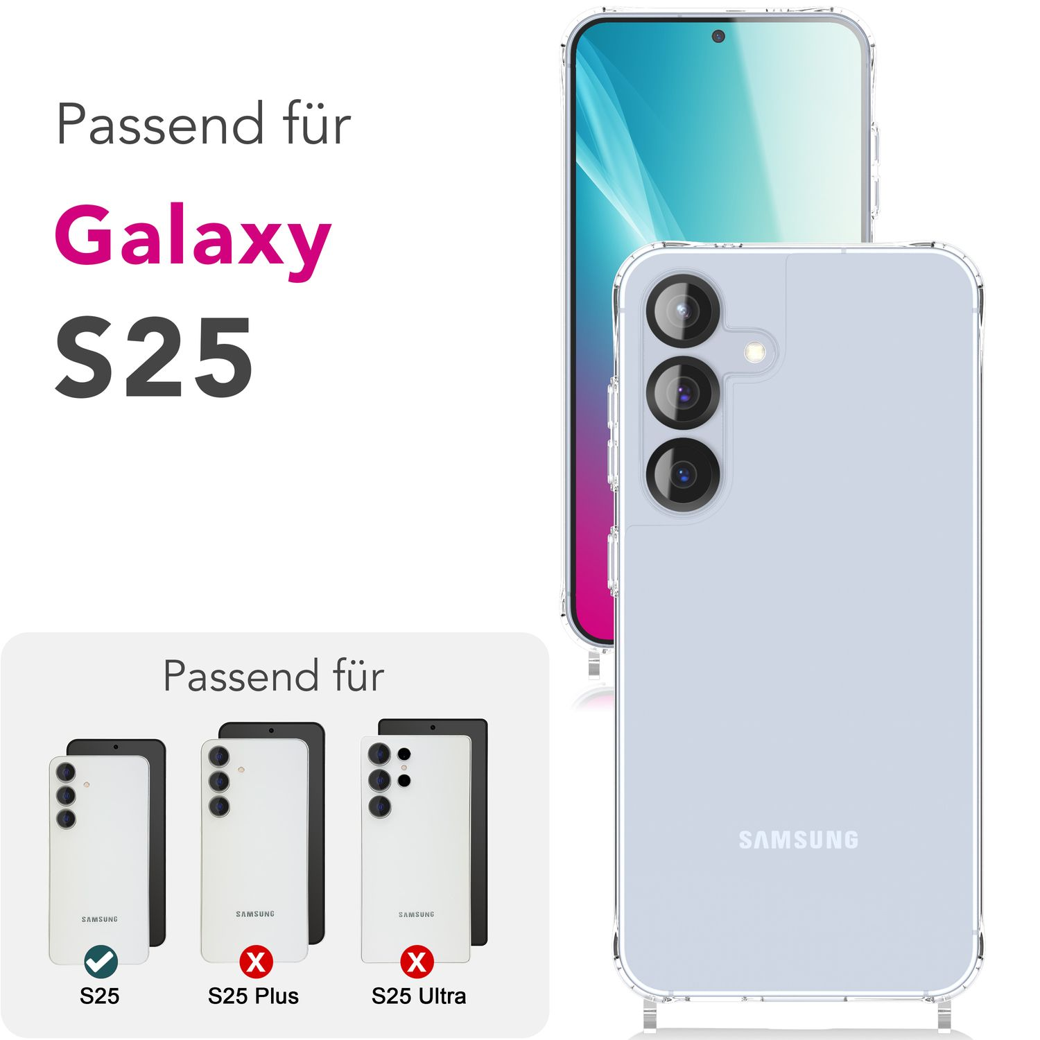 Transparente Handyhülle für Samsung Galaxy S25, mit Telefonbildern und Kompatibilitätsinfo.