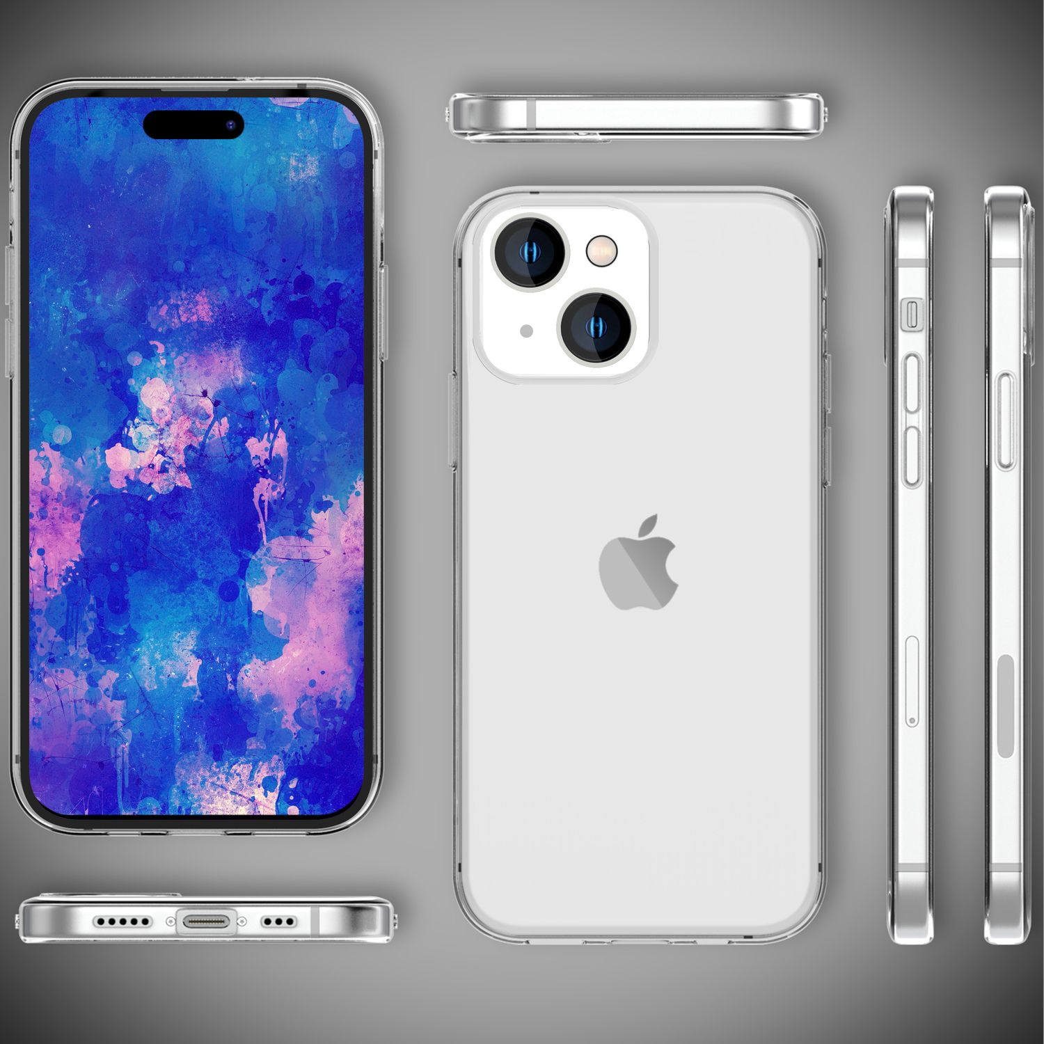 Telefon und Hülle, das Design des Telefons aus mehreren Blickwinkeln, mit Apple Logo.