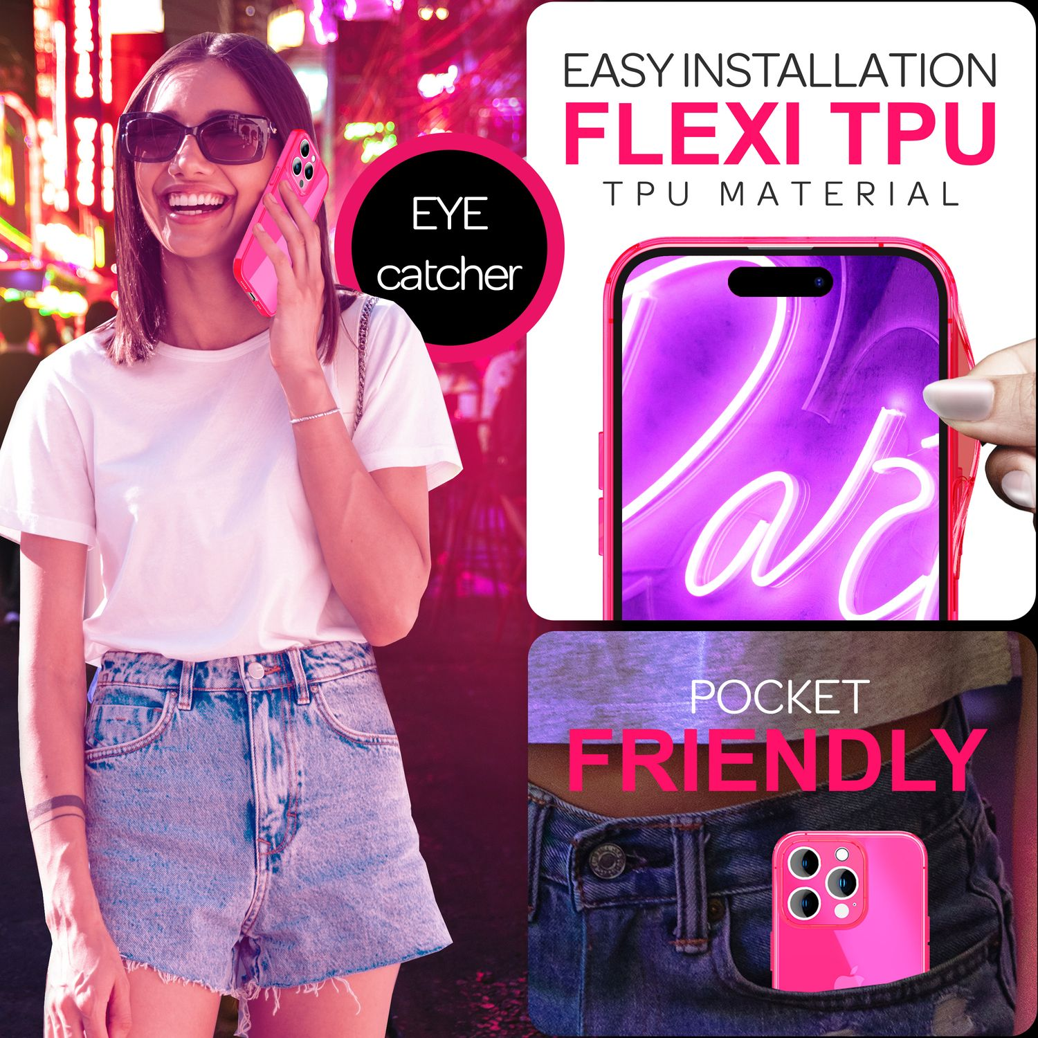Frau mit Sonnenbrille hält pinke Handyhülle, mit Text 