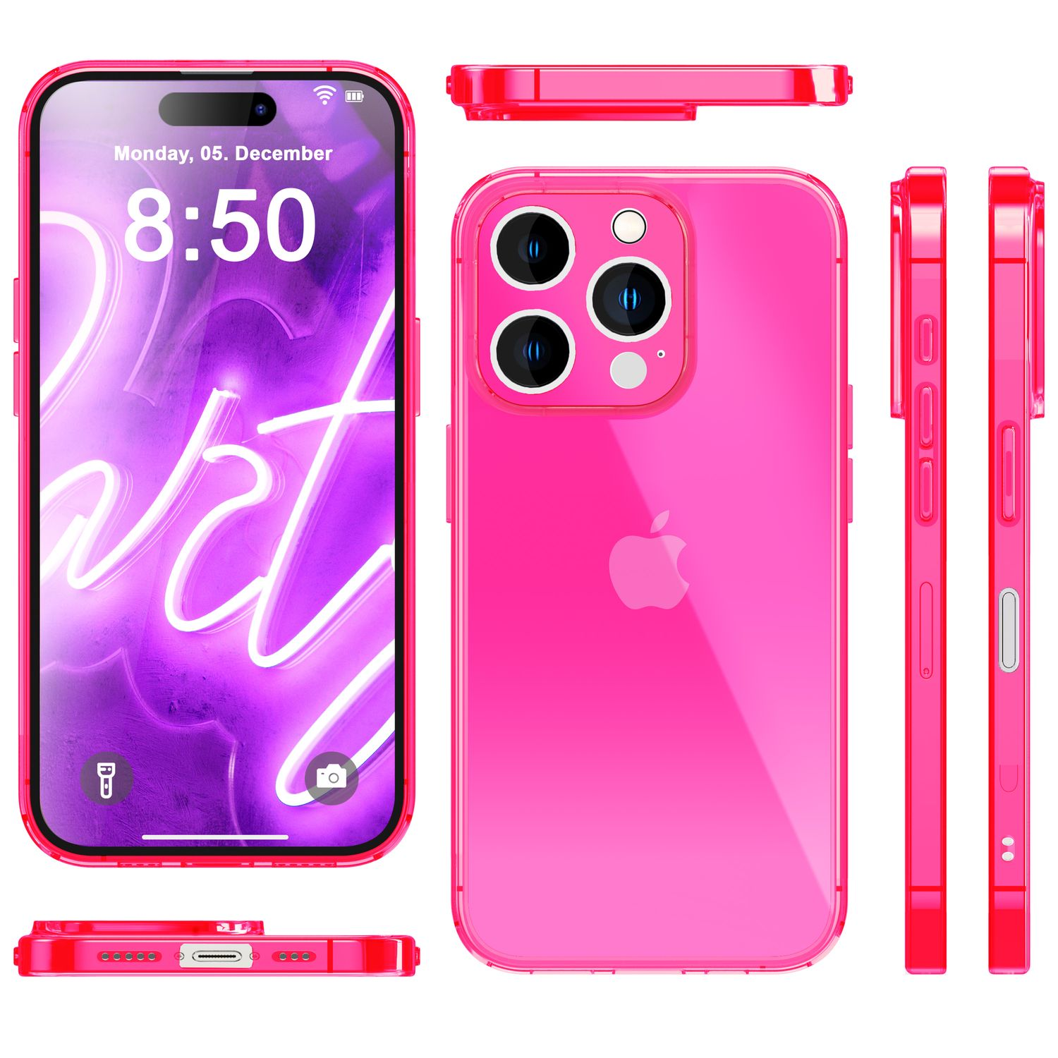 Pinkes Handycase mit Telefon, zeigt Bildschirm und Rückseite des Telefons.