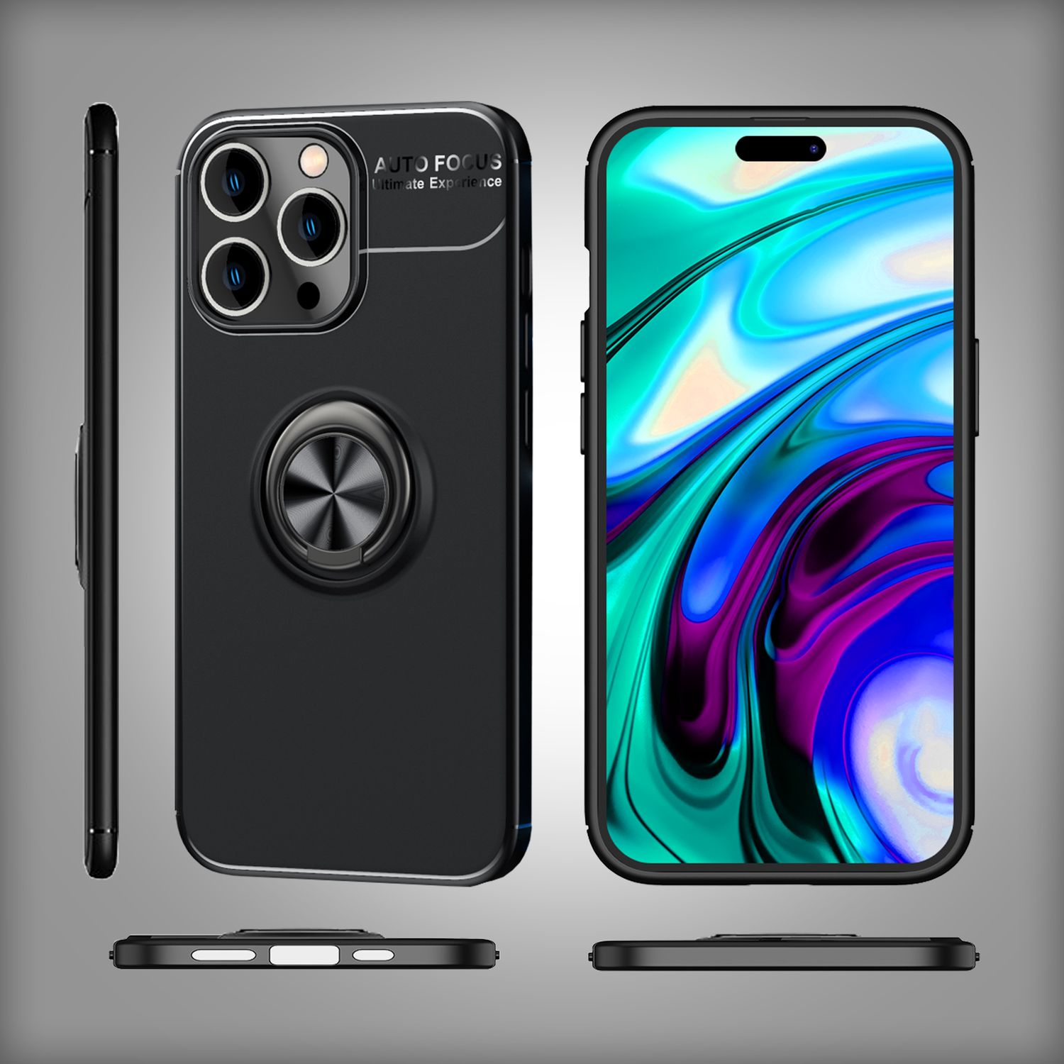 Una funda negra para teléfono mostrada desde múltiples ángulos. Tiene una función de enfoque automático y un soporte de anillo.