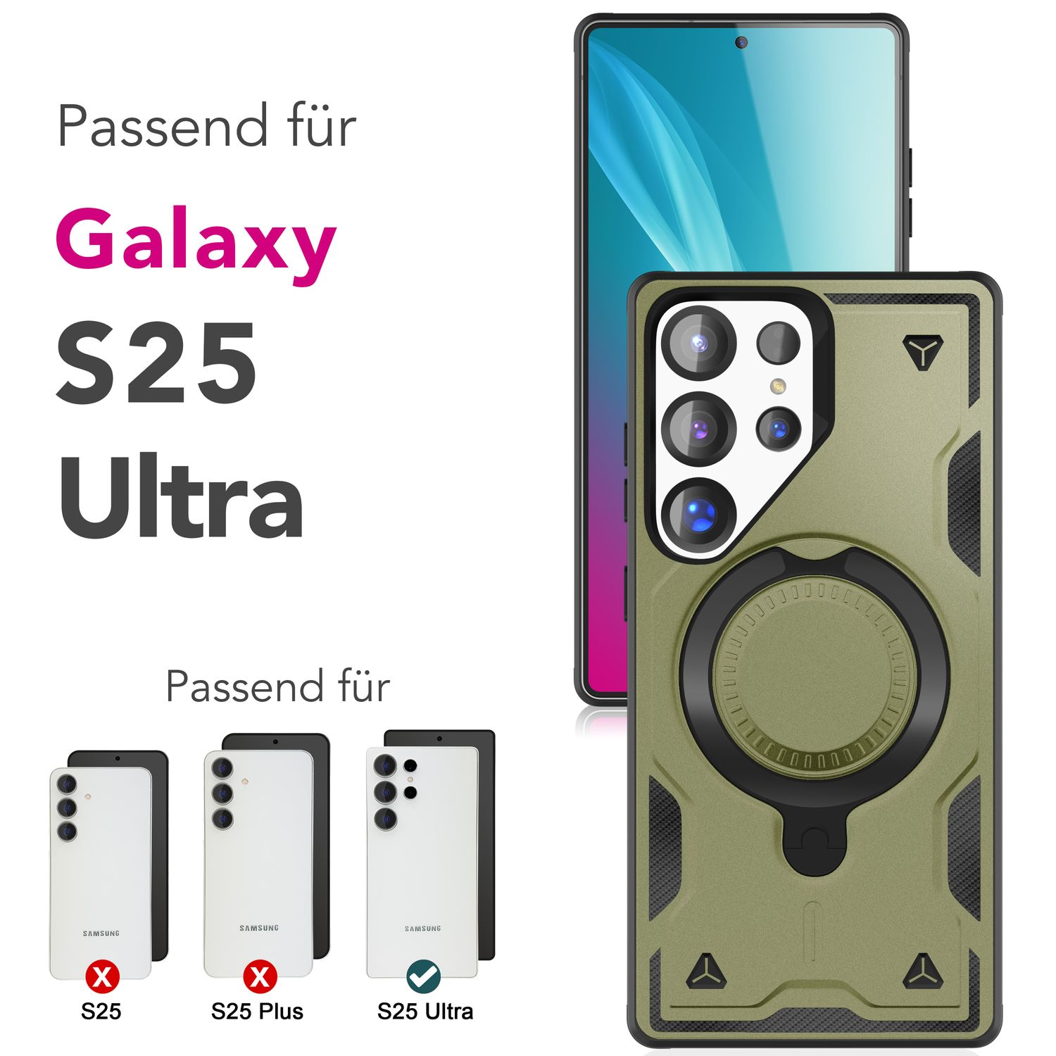 Handyhülle mit Galaxy S25 Ultra-Text und Telefonmodellen. Eine olivgrüne Hülle befindet sich auf einem Telefon.