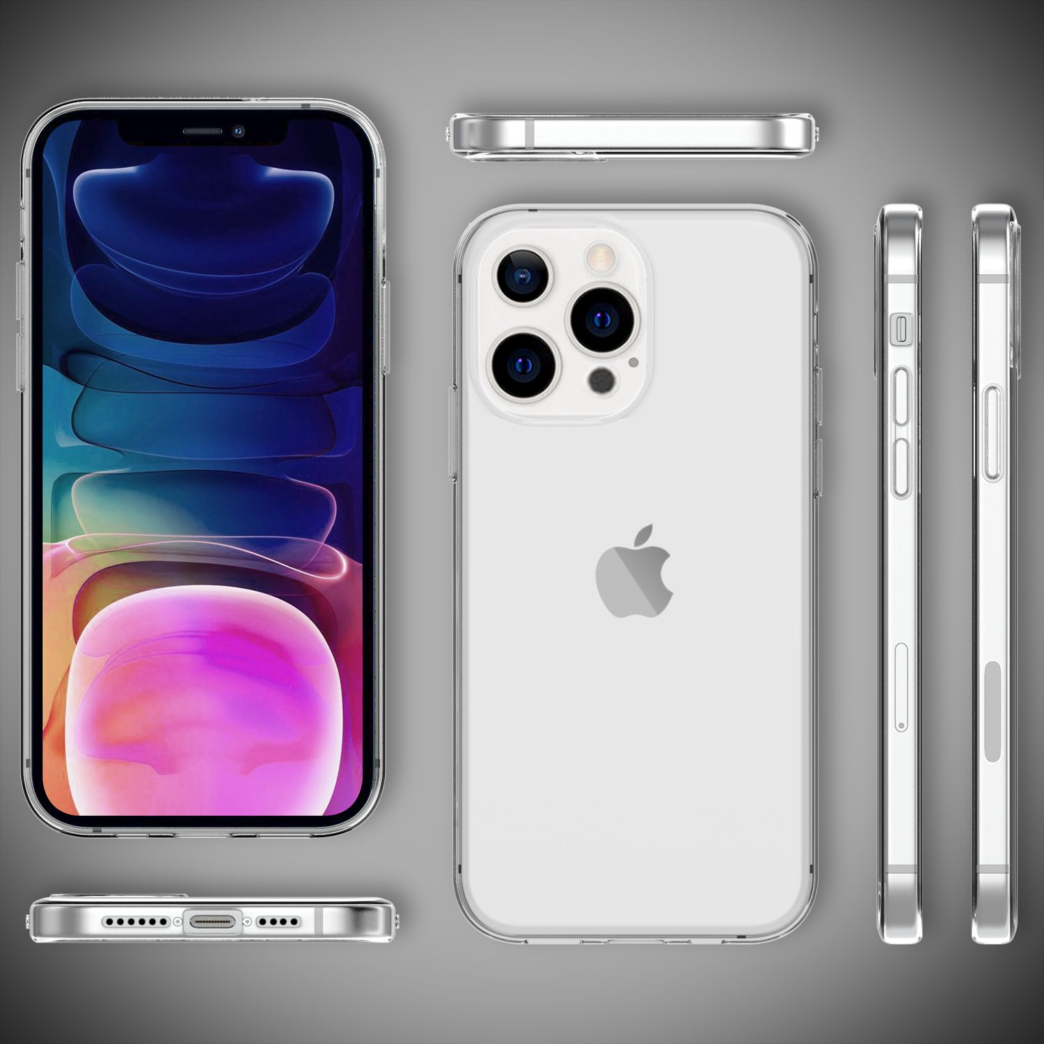 Una funda transparente para teléfono, vista desde múltiples ángulos, sobre un fondo gris. El teléfono tiene un fondo de pantalla colorido.