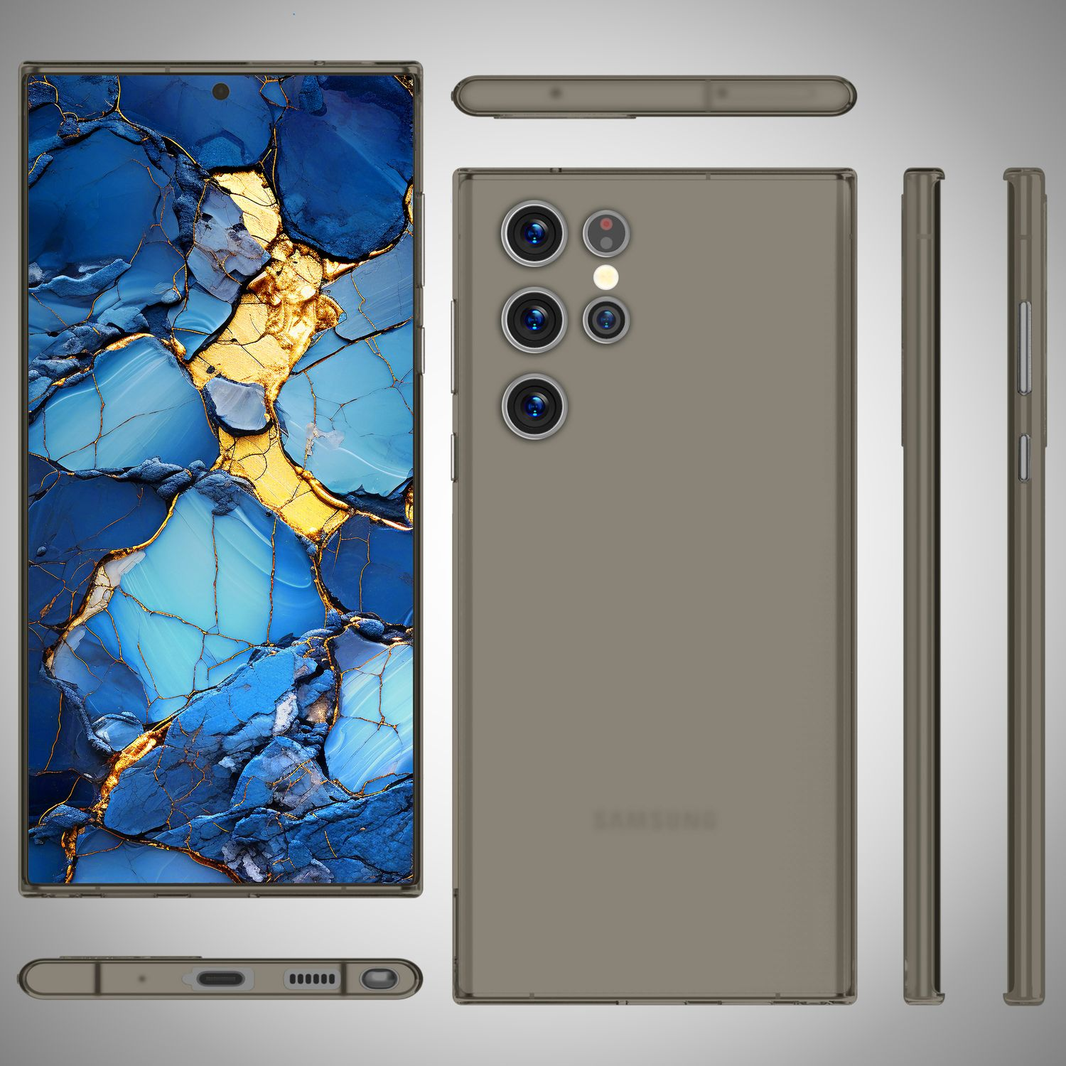 Telefon mit brauner Hülle, aus verschiedenen Winkeln gezeigt. Das Telefon hat ein blaues und goldenes Hintergrundbild.