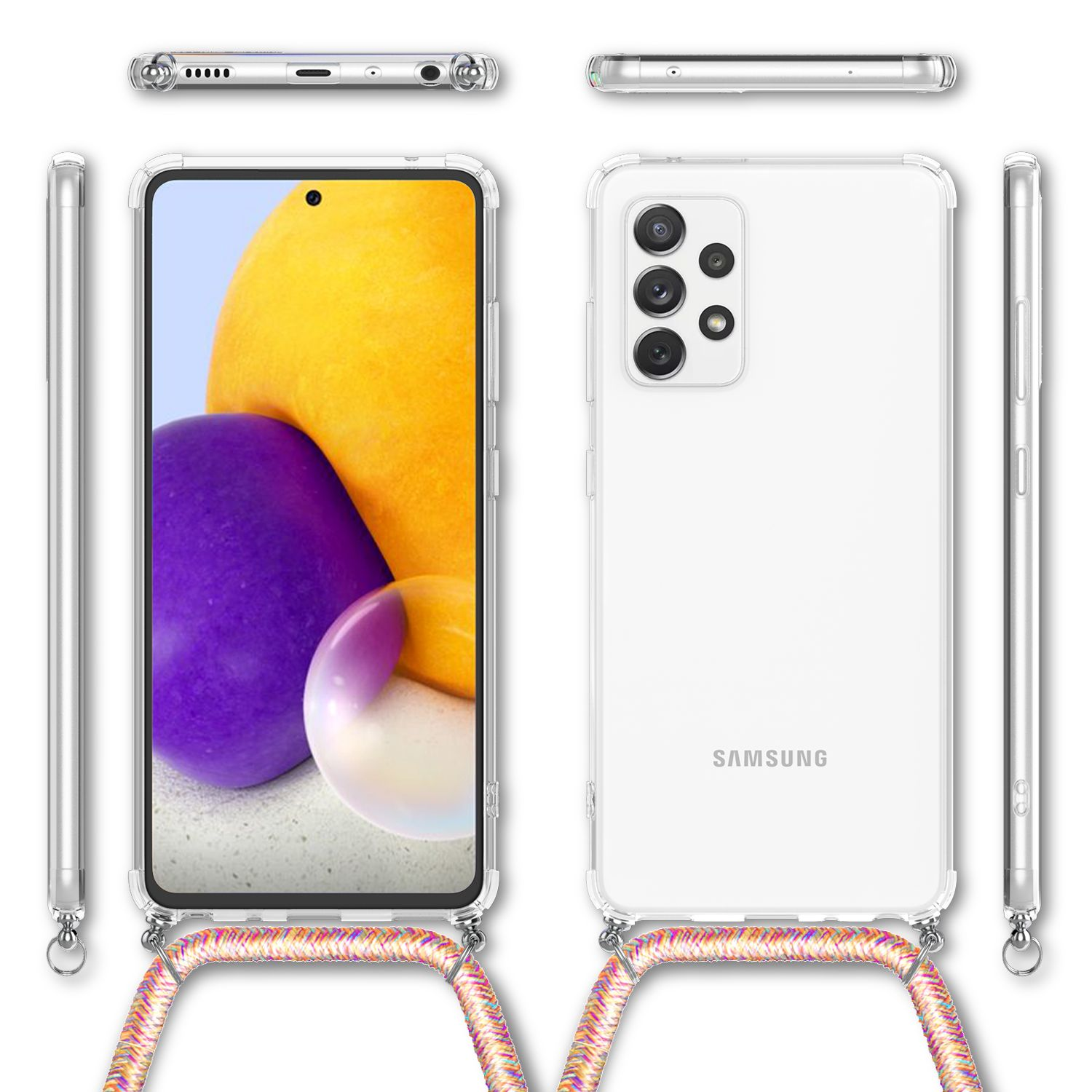 Custodia per telefono con cinturino. Trasparente, con telefono giallo e viola.