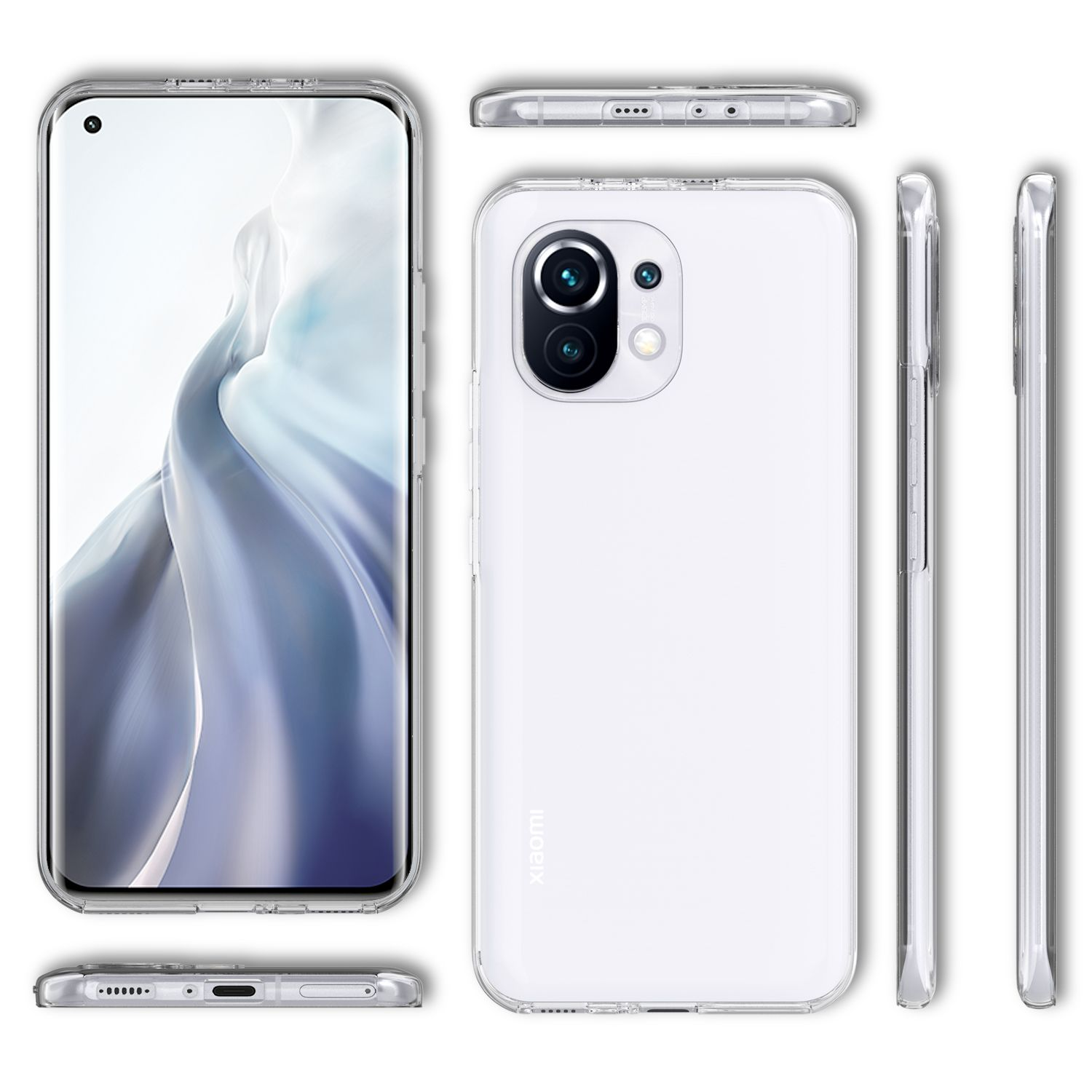 Eine transparente Handyhülle aus verschiedenen Winkeln. Das Telefon hat eine weiße Rückseite und eine Kamera.