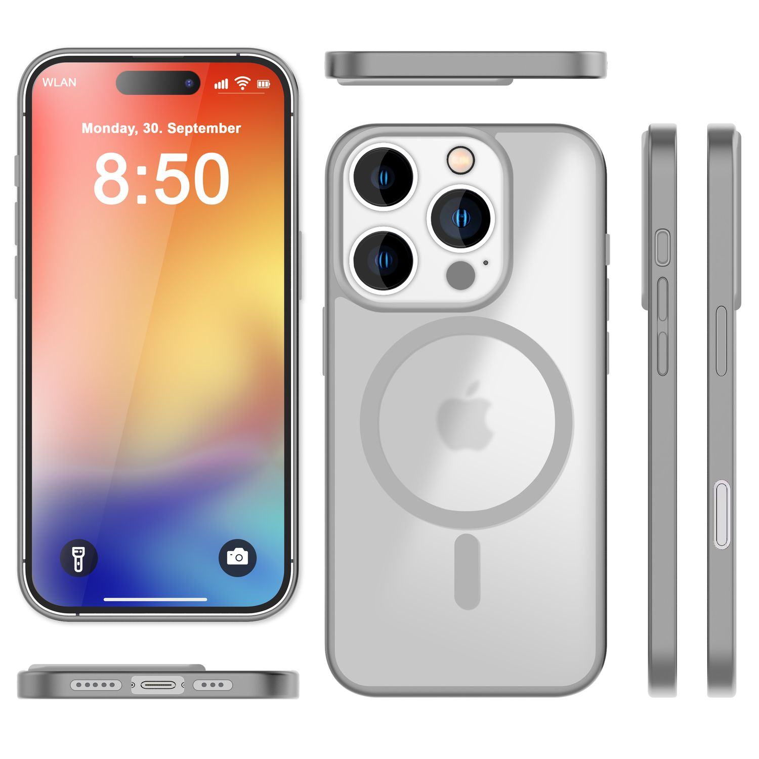 Ein Telefon mit transparenter Hülle, aus verschiedenen Winkeln gezeigt. Der Bildschirm zeigt einen Startbildschirm mit der Uhrzeit.
