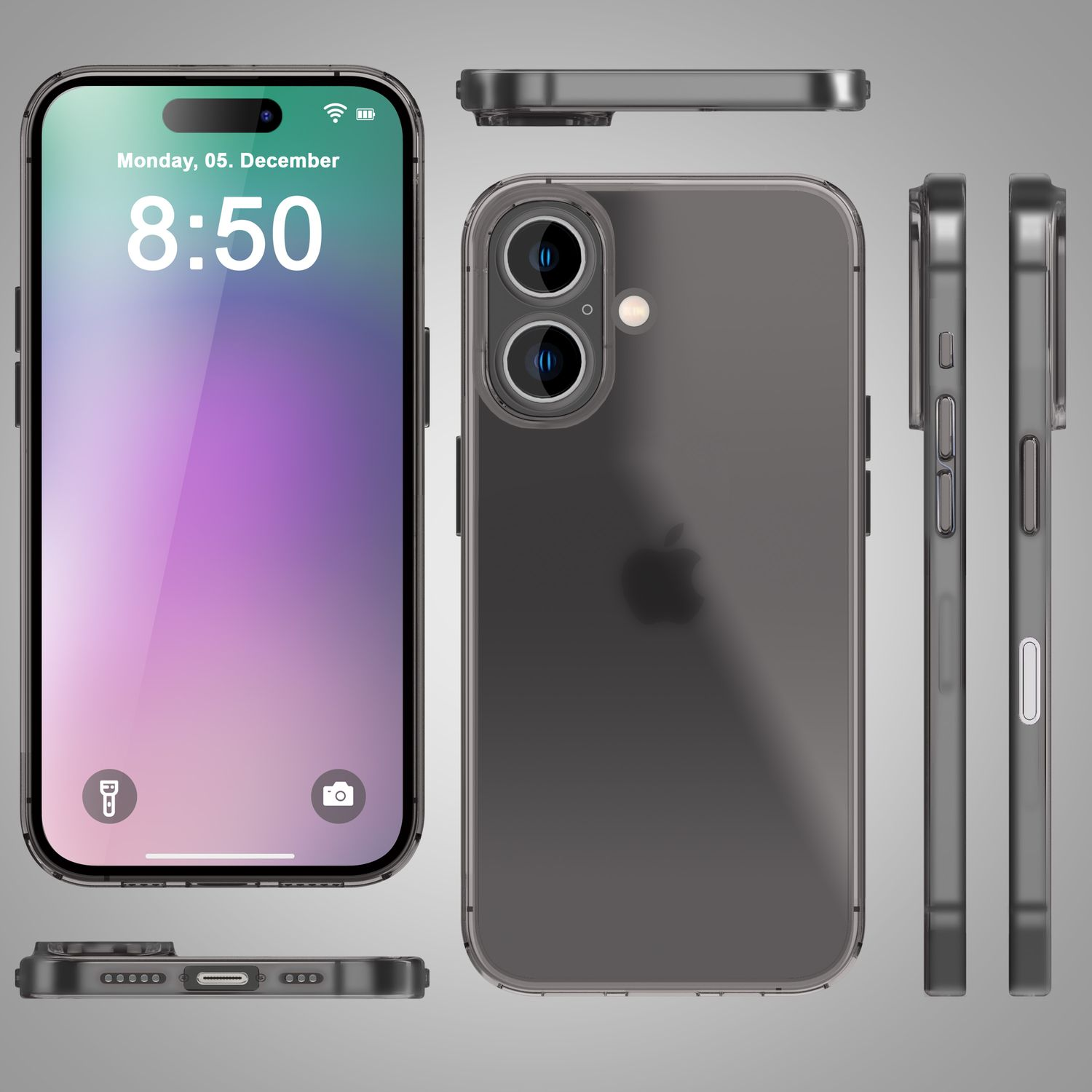 Telefono che mostra l'ora, con custodia trasparente. Viste da diverse angolazioni, mostrando il design.