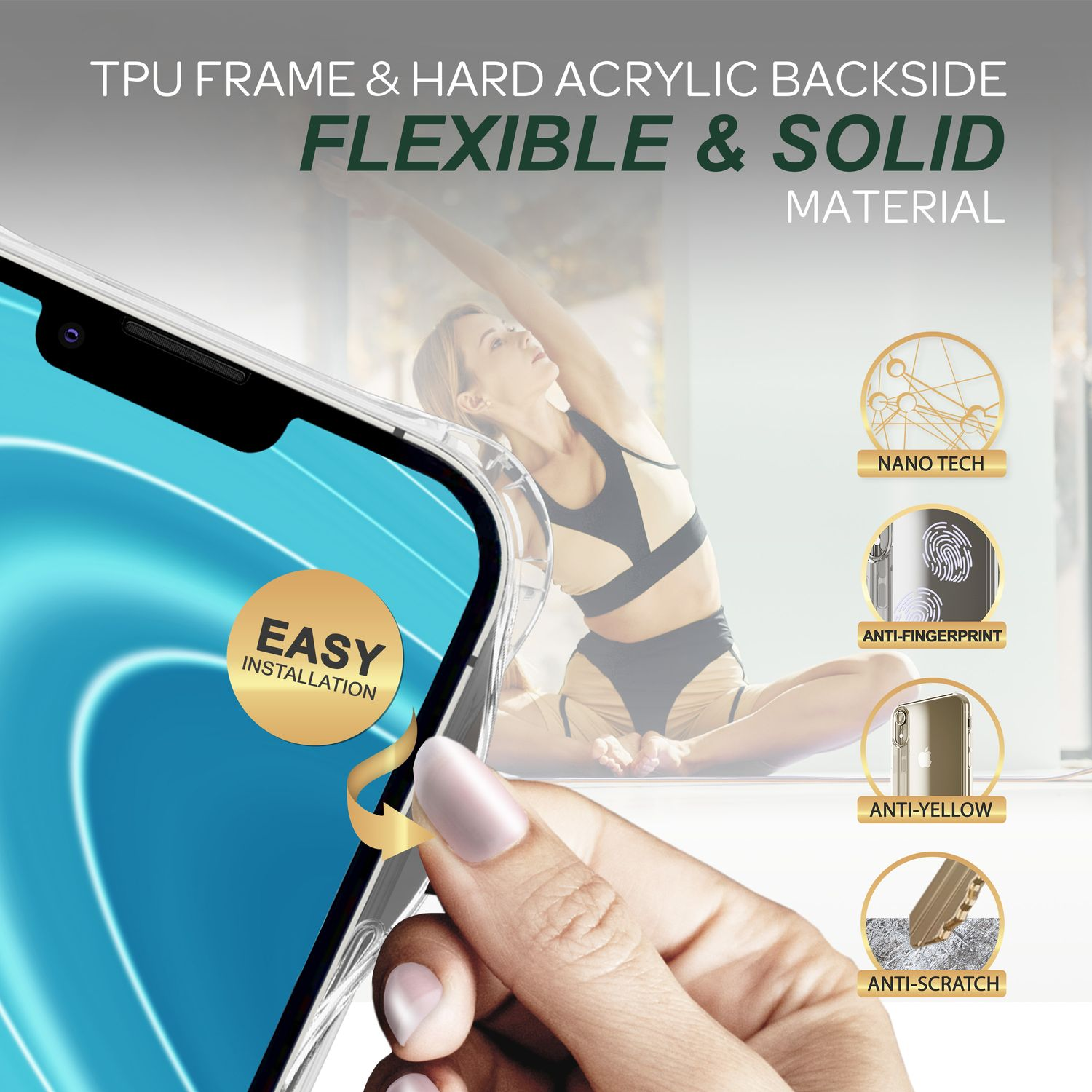Funda transparente con mujer estirándose. Texto: 'Material flexible y sólido'.