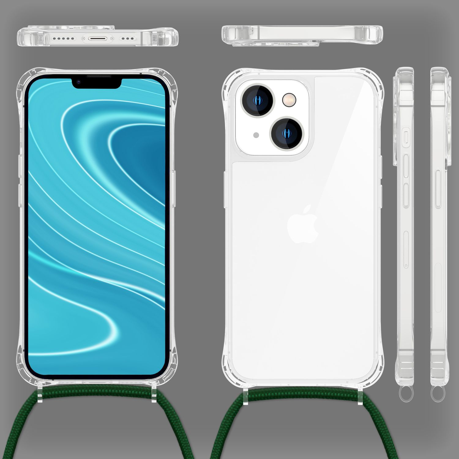 Funda de teléfono que muestra un teléfono con pantalla azul y un cordón verde, con la parte trasera transparente.