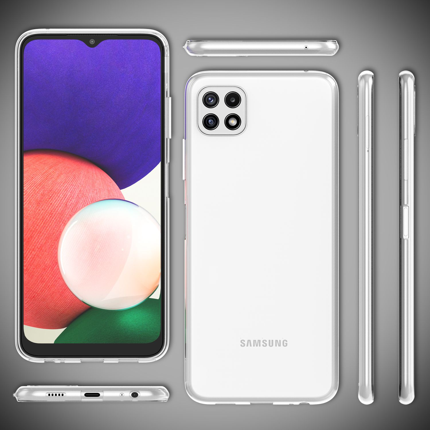 Una funda para teléfono con un teléfono dentro. El teléfono se muestra desde múltiples ángulos. La pantalla muestra un diseño abstracto.