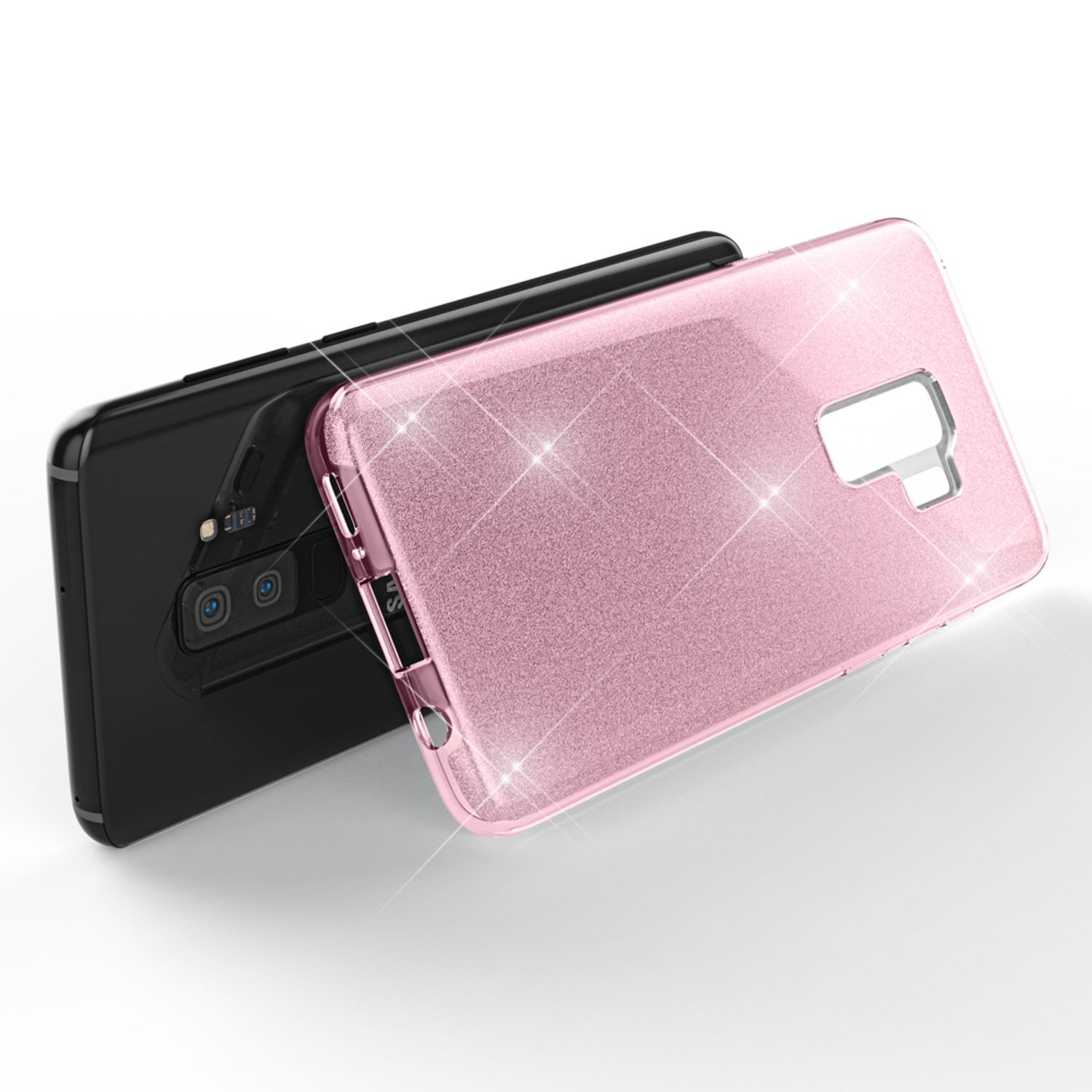 Due custodie per telefono, una nera e una rosa, si sovrappongono. La custodia rosa brilla e riflette la luce.