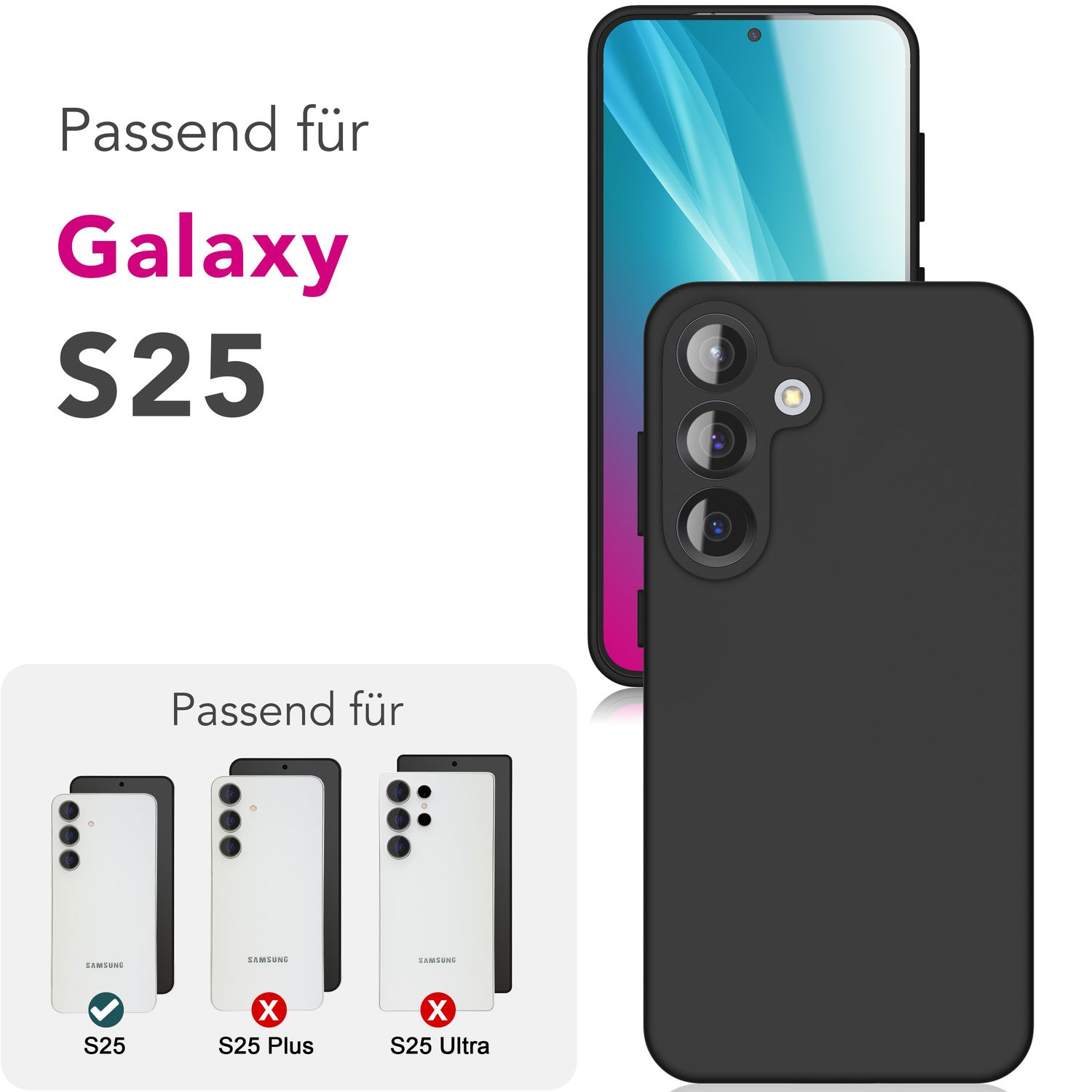 Eine schwarze Handyhülle mit dem Text Galaxy S25. Andere Telefonmodelle sind als kompatibel oder inkompatibel gekennzeichnet.