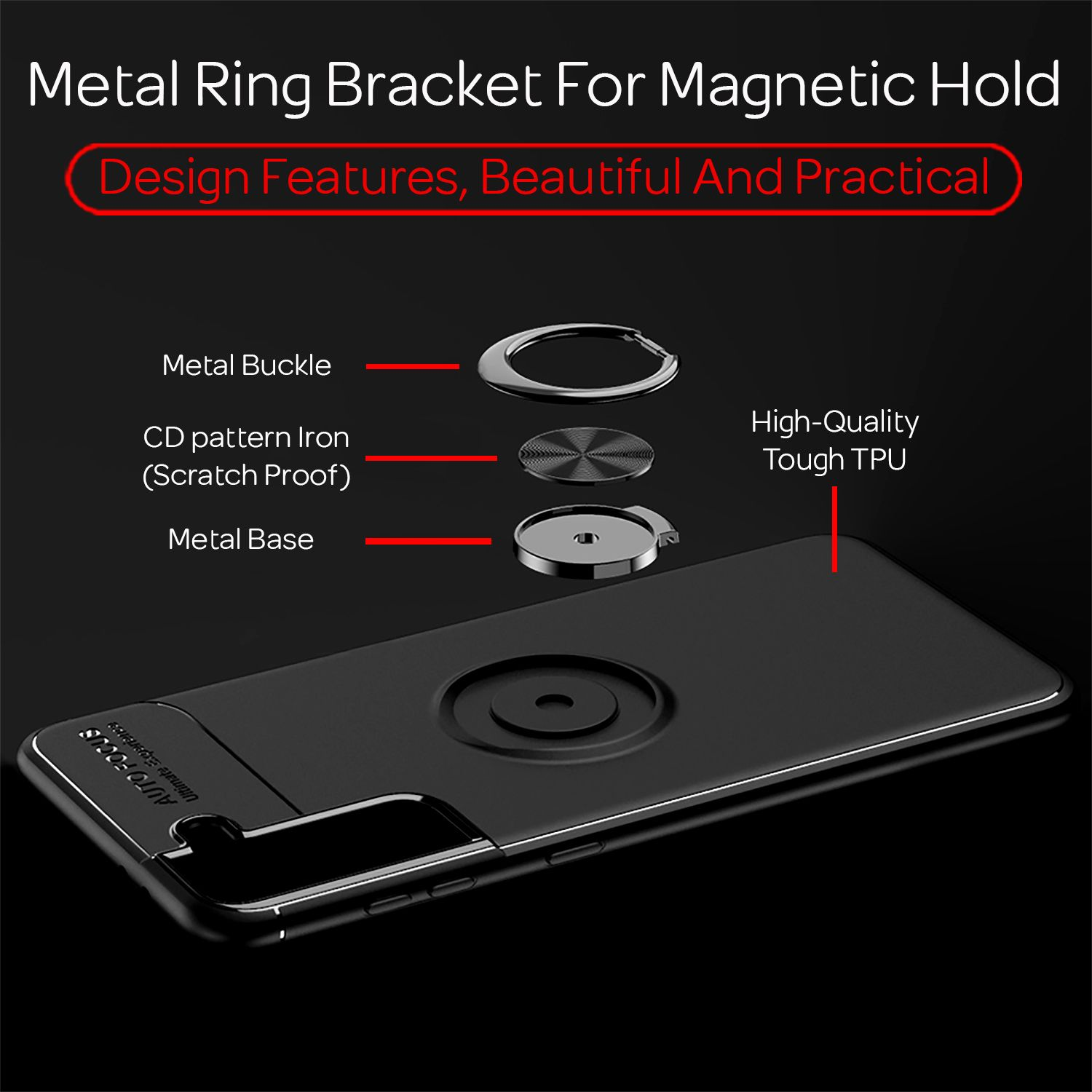 Una funda negra para teléfono con un soporte de anillo de metal y texto que etiqueta características como una hebilla de metal y hierro con patrón de CD.