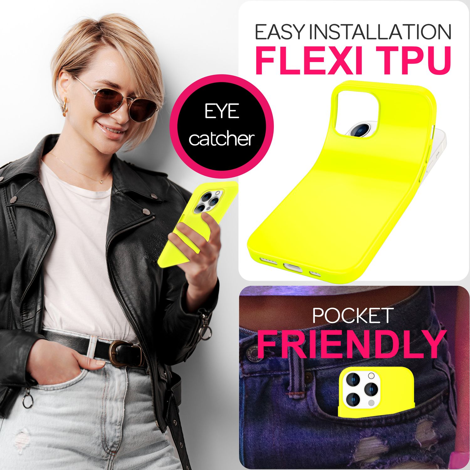 Frau mit gelber Handyhülle. Text: Flexi TPU, Hingucker, taschenfreundlich.