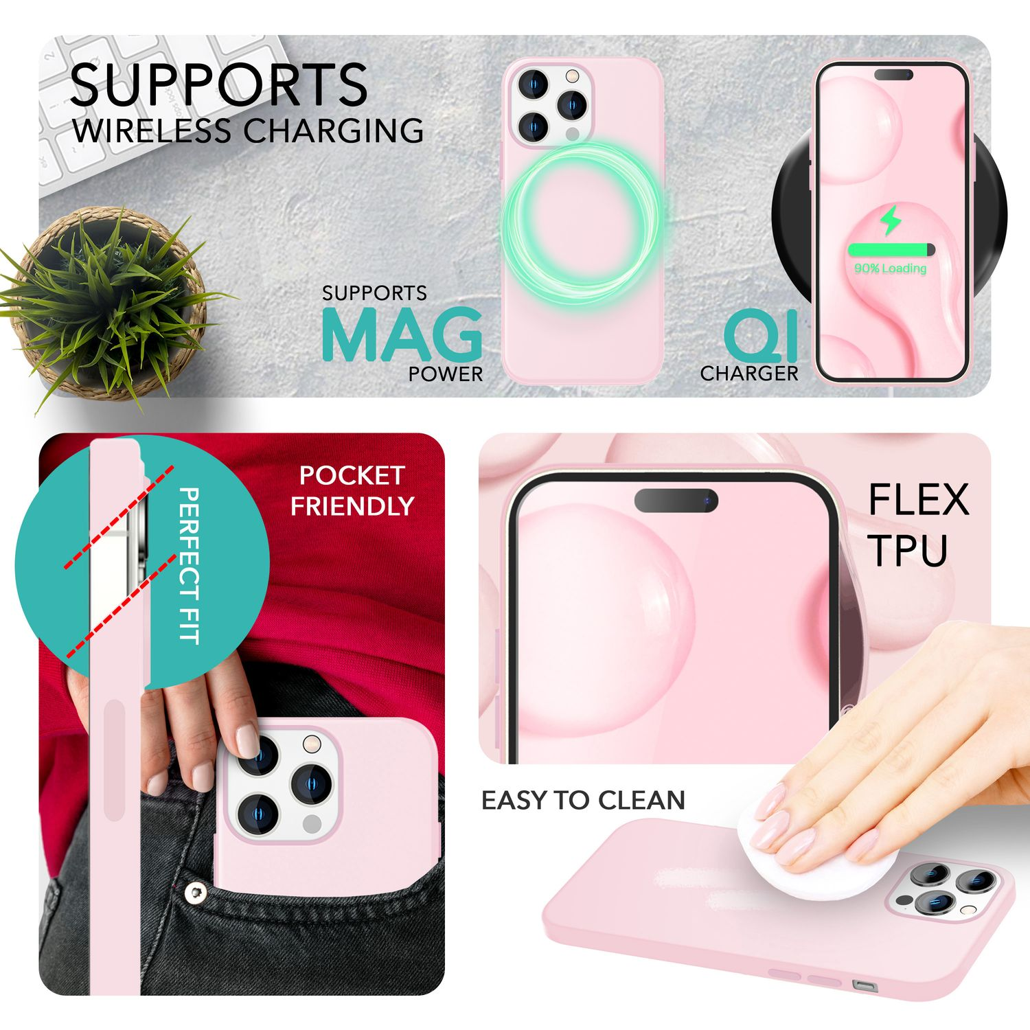 Rosa Handyhülle mit Telefon, unterstützt kabelloses Laden und Mag Power. Auch QI-Ladegerät und taschenfreundlich.