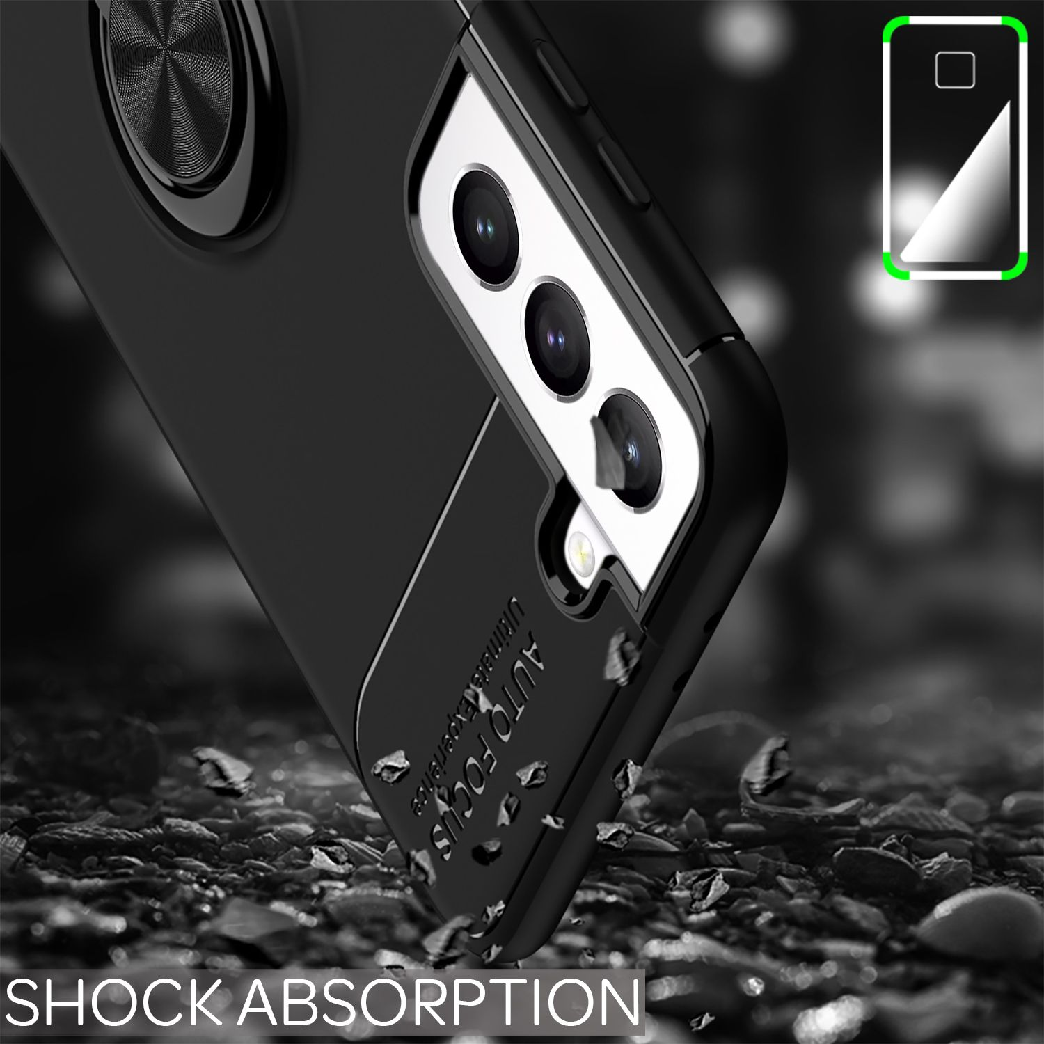 Una funda negra para teléfono con un soporte de anillo adjunto. La funda está sobre una superficie salpicada de pequeñas piedras.