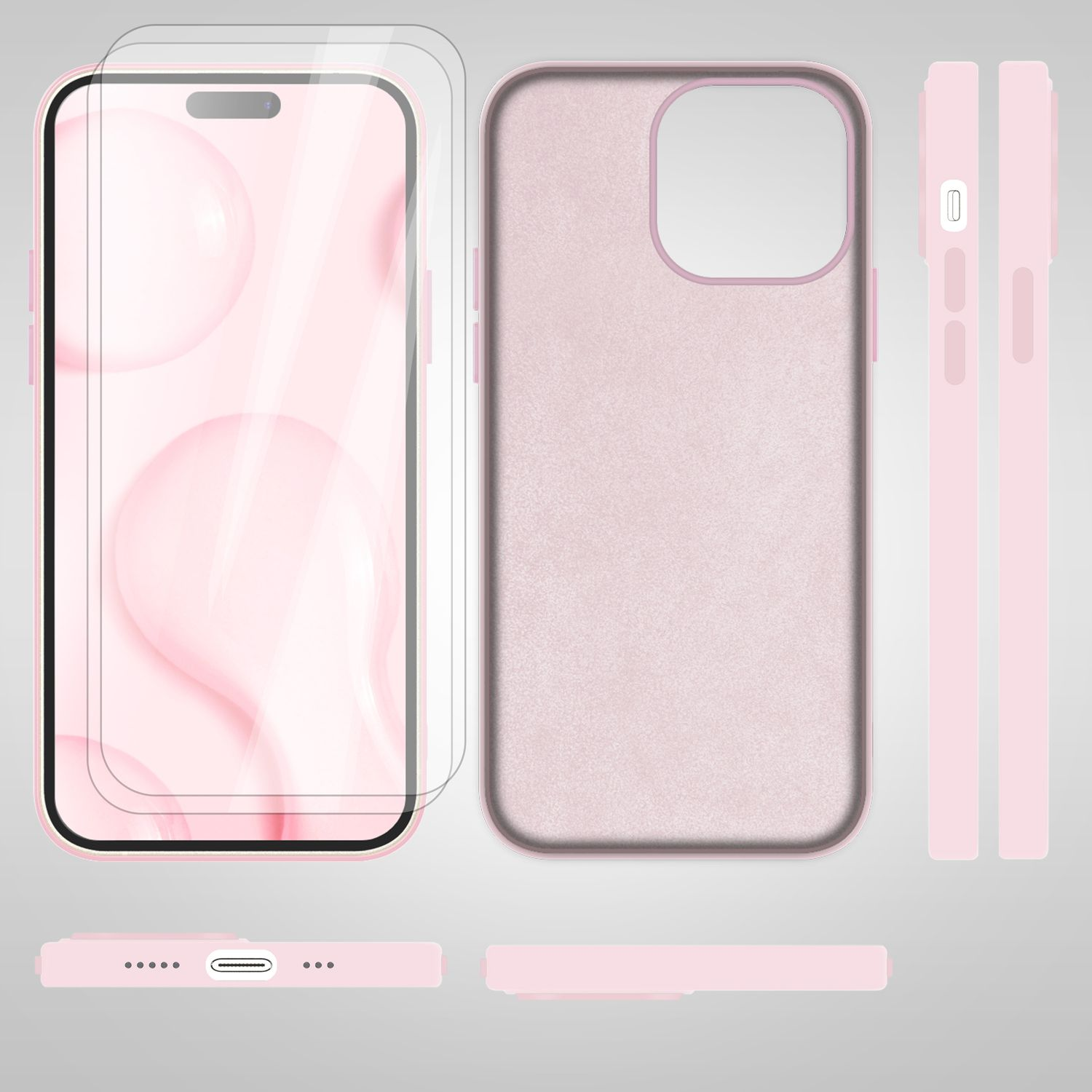 Eine pinkfarbene Handyhülle und Displayschutzfolien, aus verschiedenen Winkeln gezeigt.