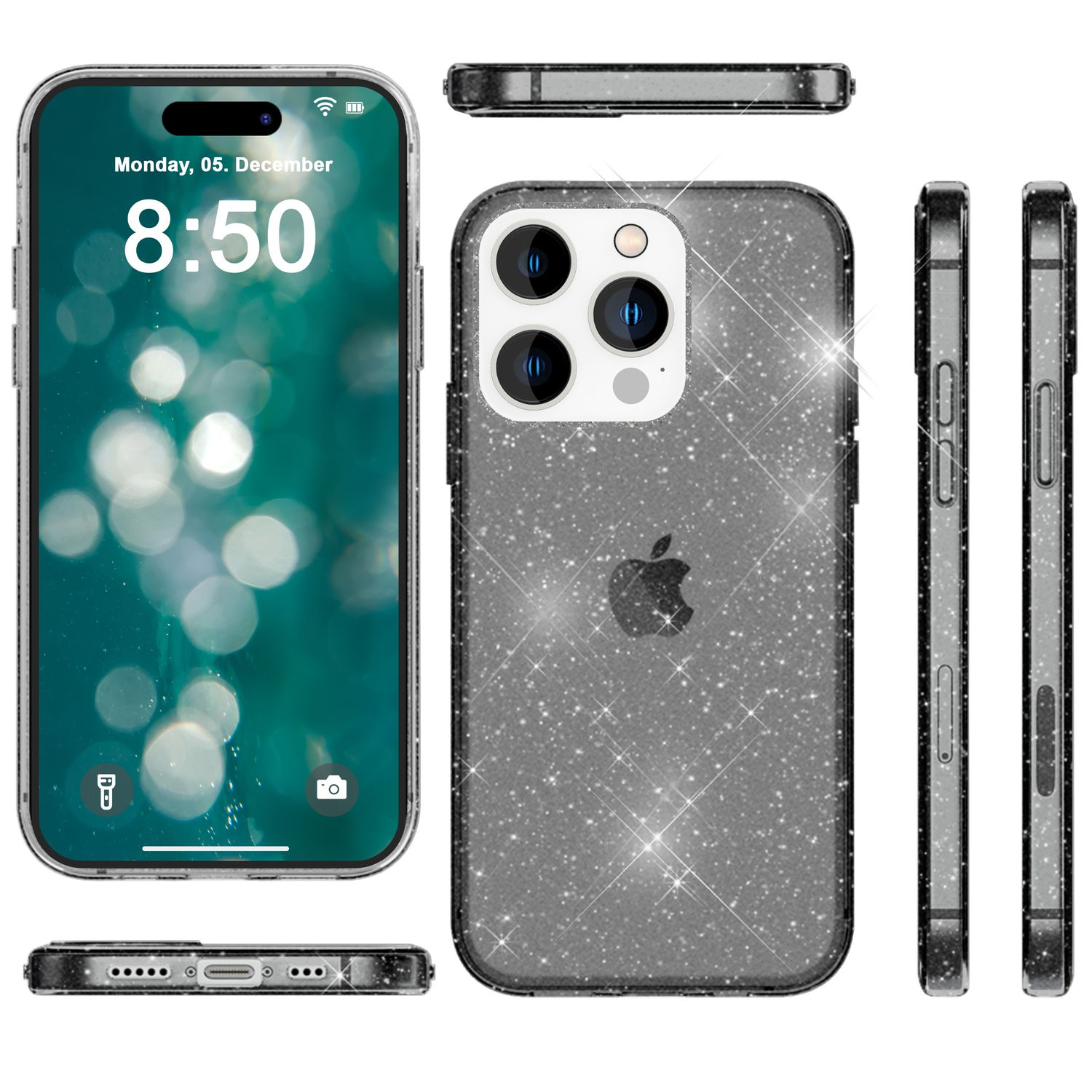 Custodia per telefono con telefono. Custodia con molti glitter e logo Apple.