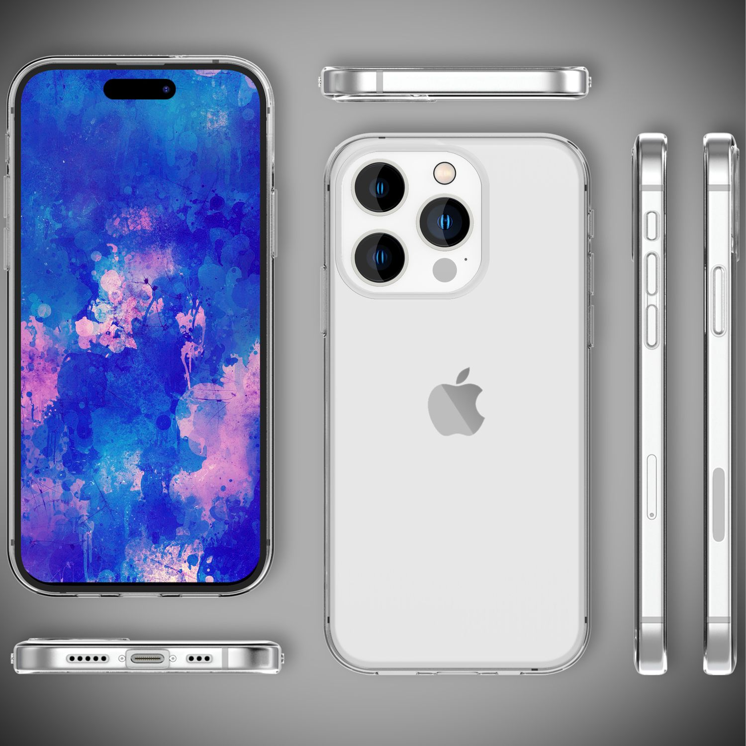 Ein Telefon mit einer transparenten Hülle, das einen blau-violetten Hintergrund zeigt. Das Telefon wird aus verschiedenen Winkeln gezeigt.