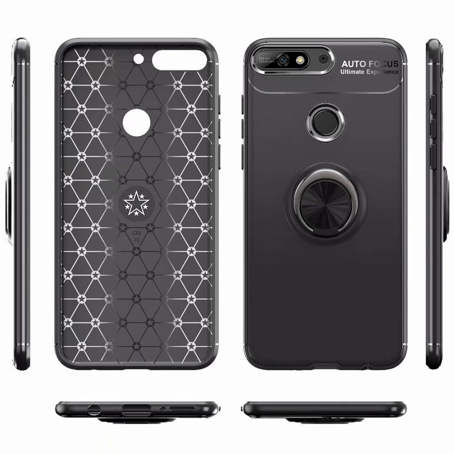 Eine schwarze Handyhülle mit geometrischem Muster und Ringständer. Das Telefon wird aus verschiedenen Blickwinkeln gezeigt.