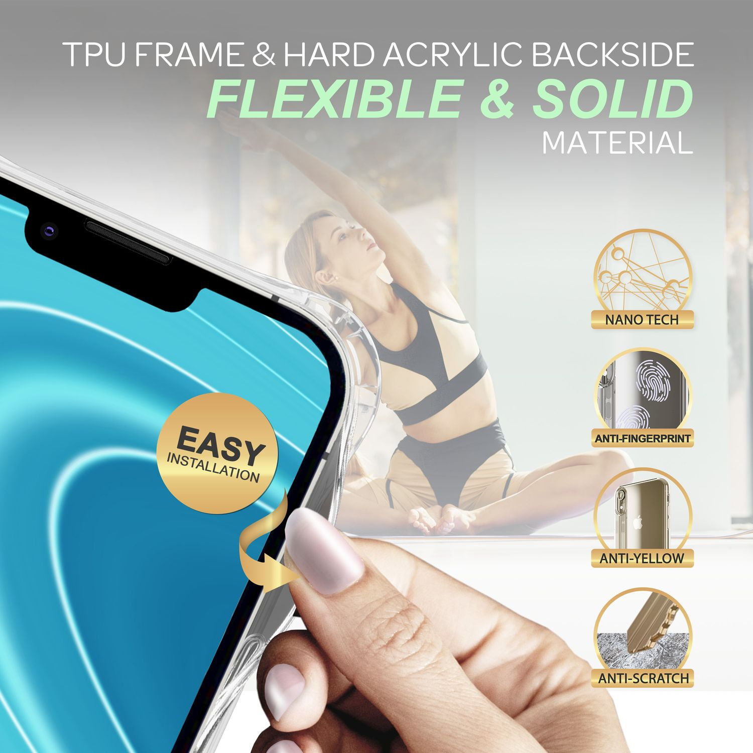 Mujer con teléfono en funda transparente. Texto: Material flexible y sólido. Antiarañazos.
