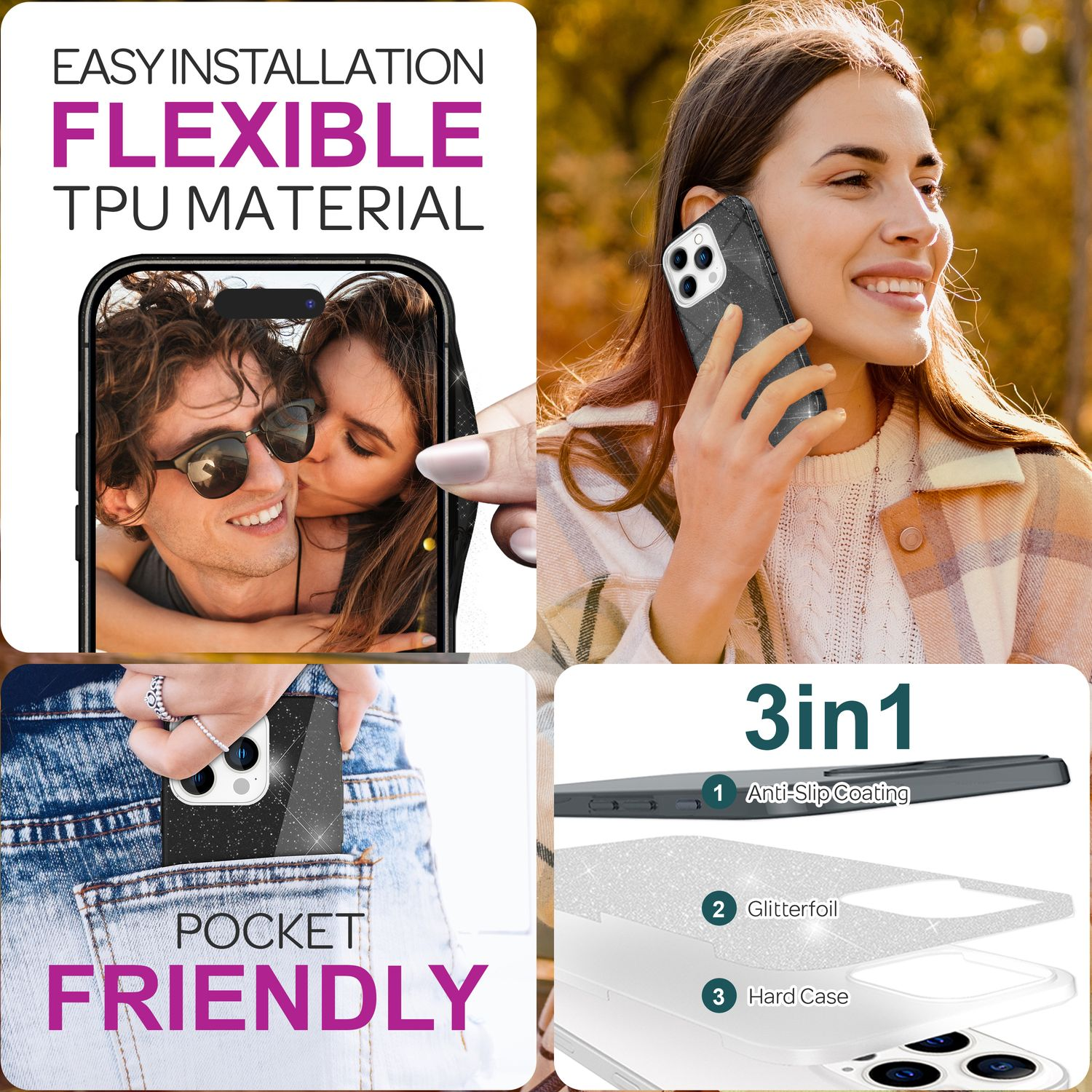 Eine Frau hält ein Telefon mit glitzernder Hülle, und ein Paar küsst sich im Hintergrund. Zeigt die 3-in-1-Funktionen.