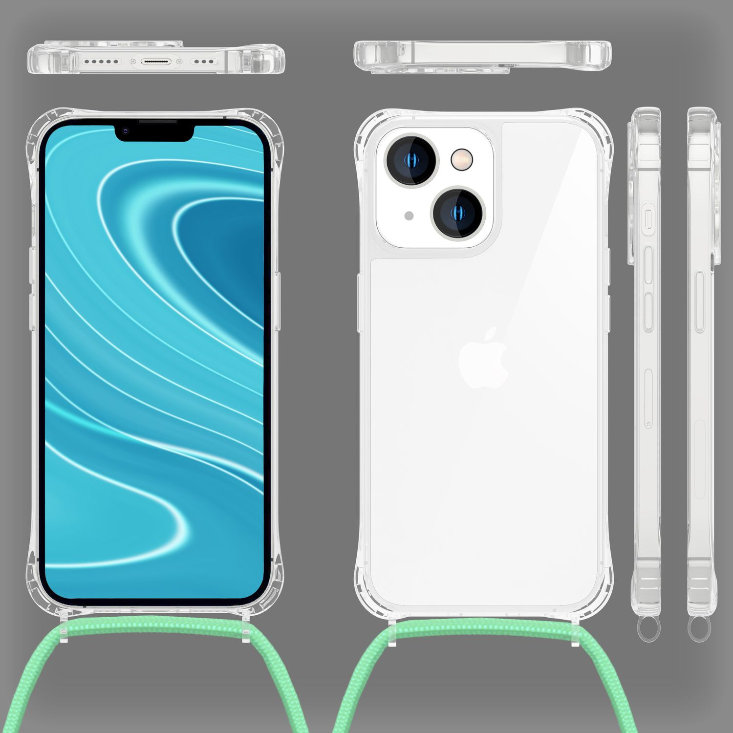 Teléfono en una funda transparente con una correa verde. La pantalla del teléfono muestra un diseño de agua azul. Fondo gris.