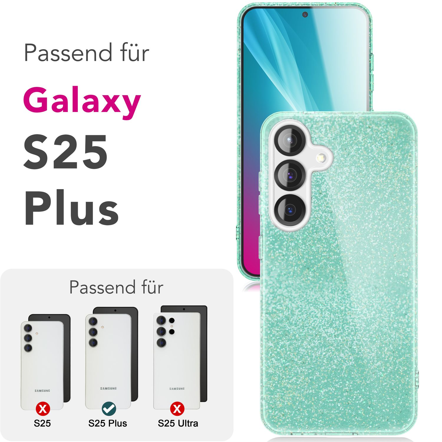 Eine Handyhülle für ein Galaxy S25 Plus wird mit drei weiteren Telefonmodellen im Hintergrund gezeigt.