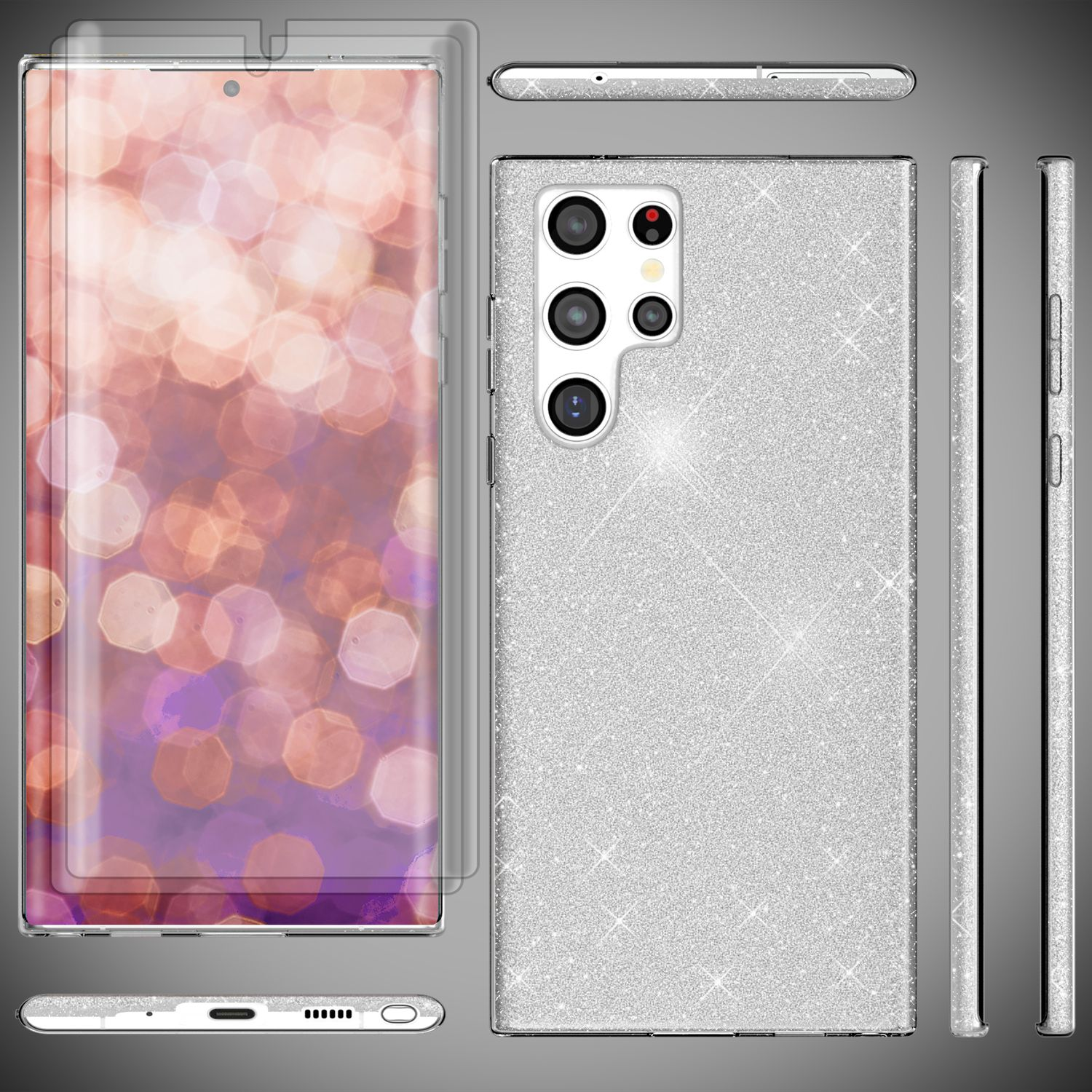 Silberne Glitzer-Handyhülle mit Telefon und Displayschutzfolie. Mehrere Ansichten.