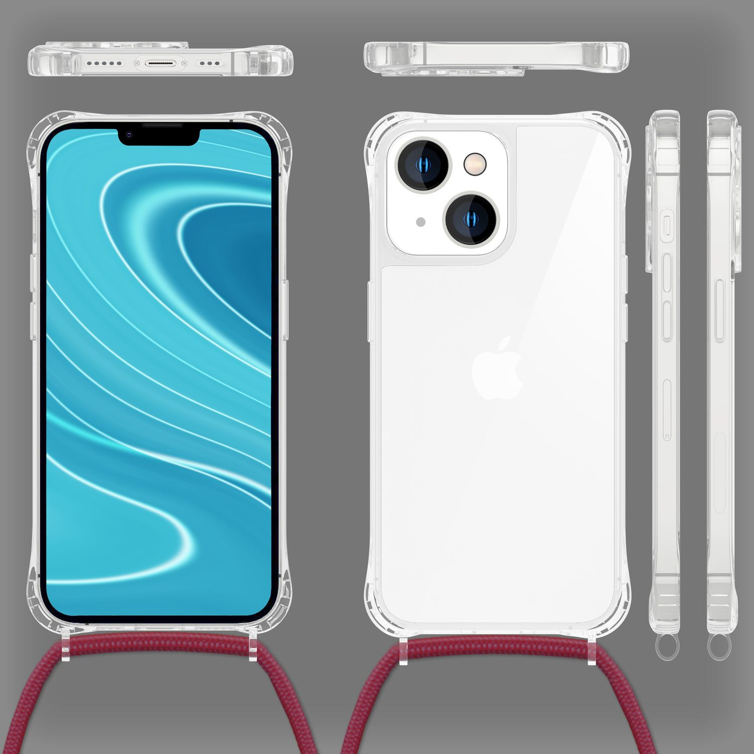 Una funda transparente para teléfono con un cordón rojo, mostrando detalles.