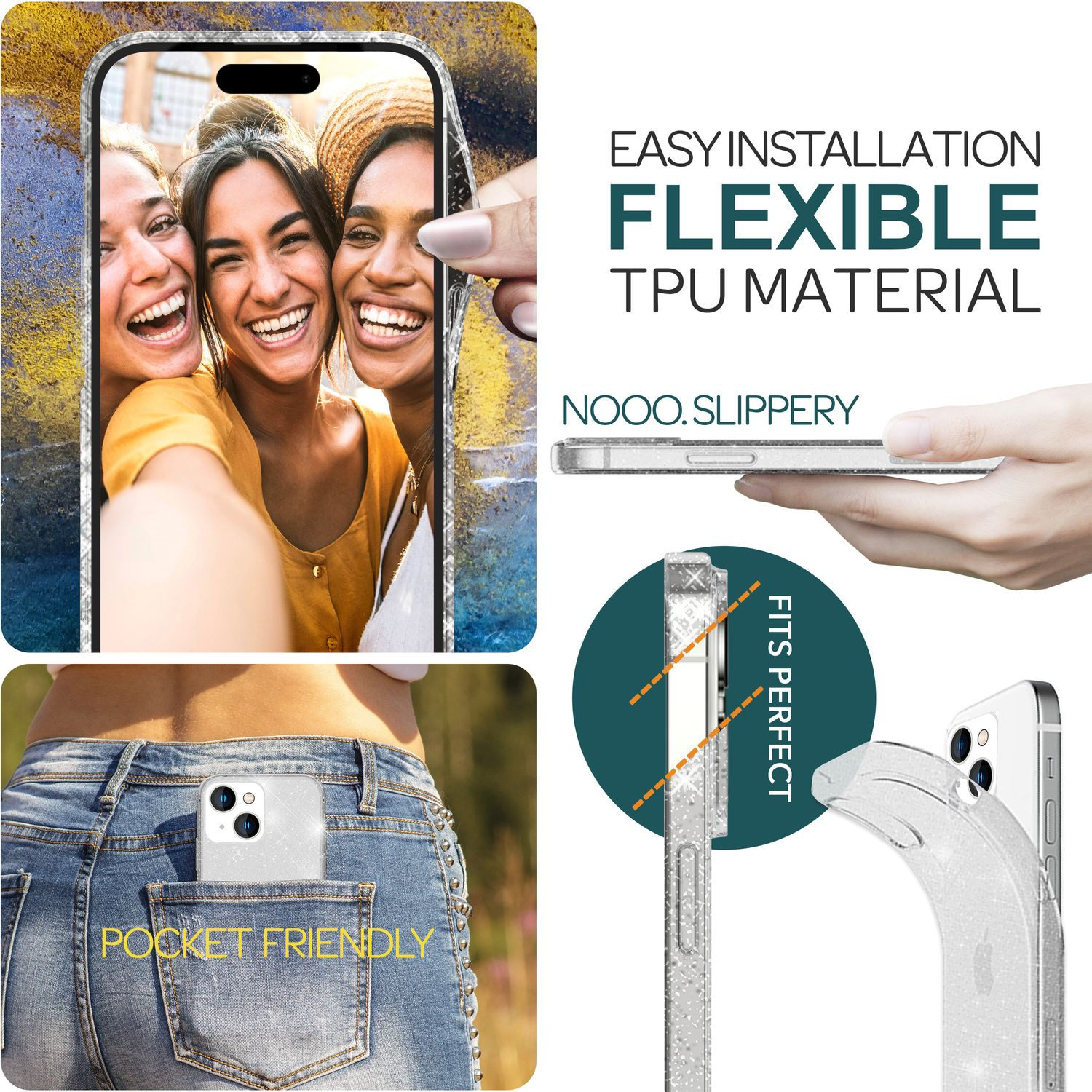 Immagine che mostra una custodia per telefono con tre donne che ridono, adatta alle tasche, facile installazione, materiale TPU flessibile.