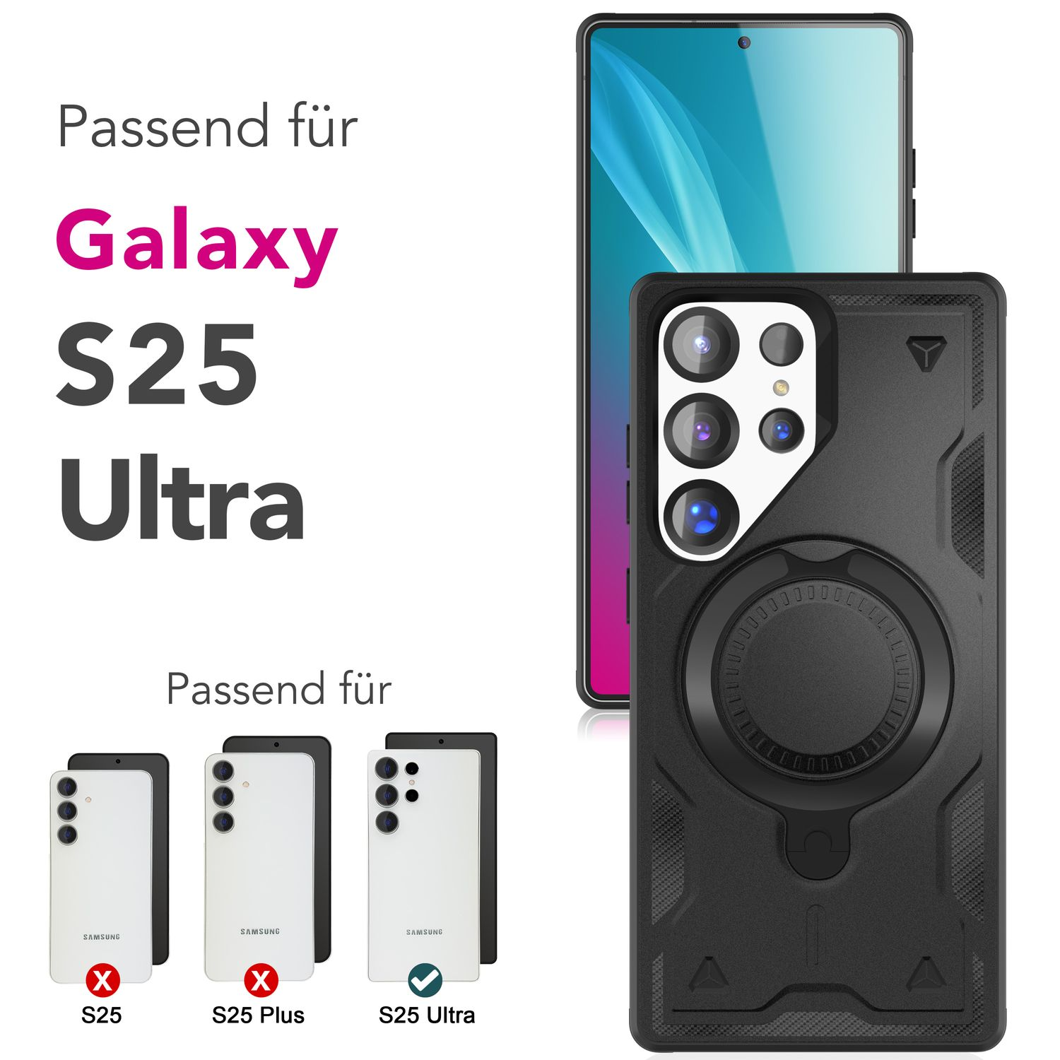 Handyhülle für Galaxy S25 Ultra, schwarze Hülle, mit kompatiblen Telefonmodellen.
