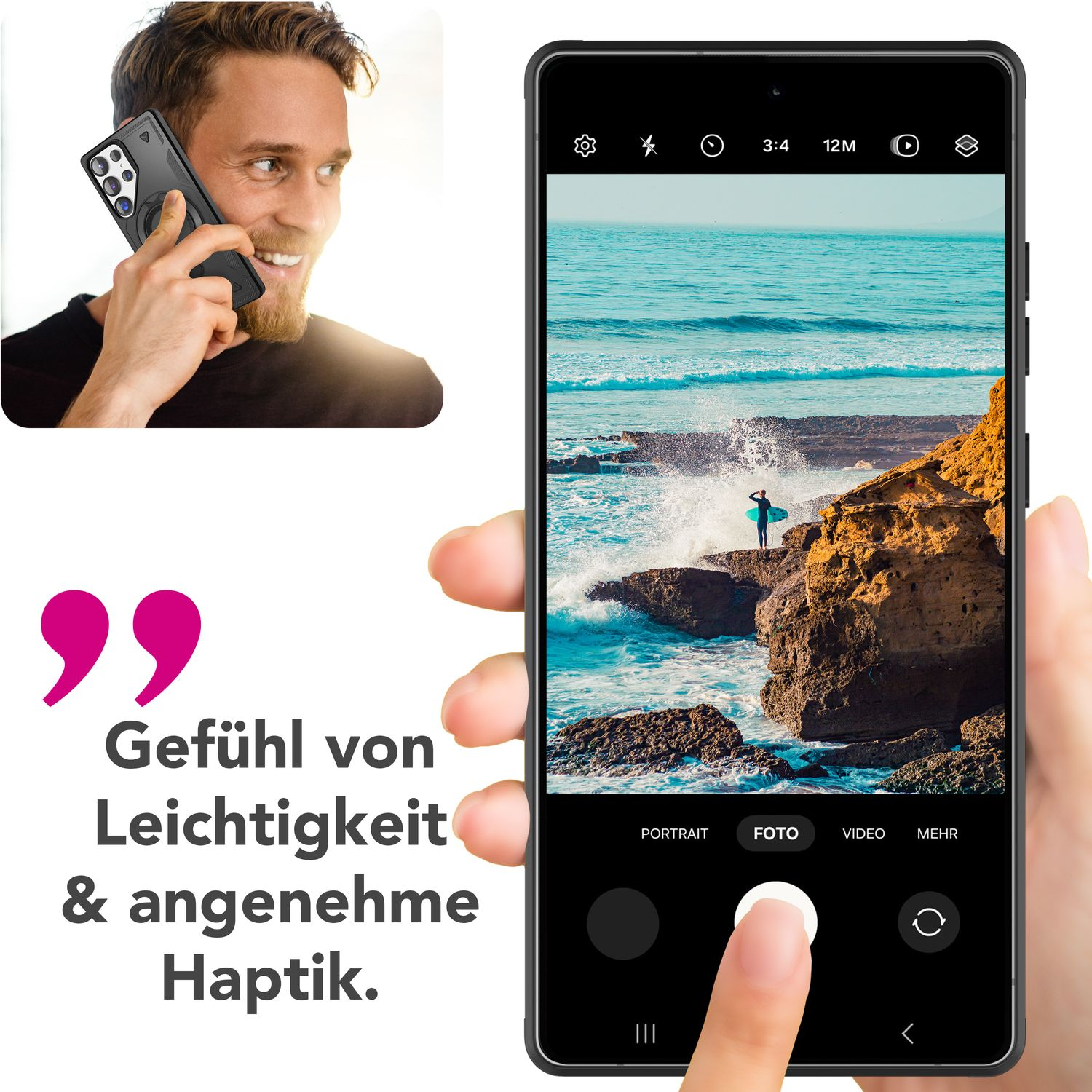 Mann hält Telefon, macht Foto am Strand. Text: Leichtes Gefühl & angenehme Haptik.