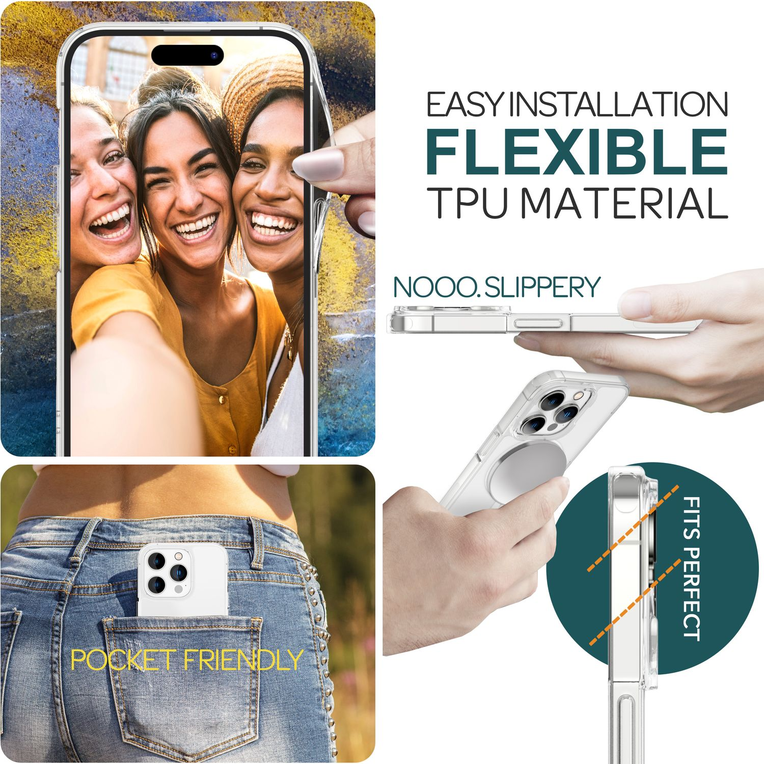 Imagen muestra una funda con tres mujeres, apta para bolsillo, fácil instalación, material TPU flexible.