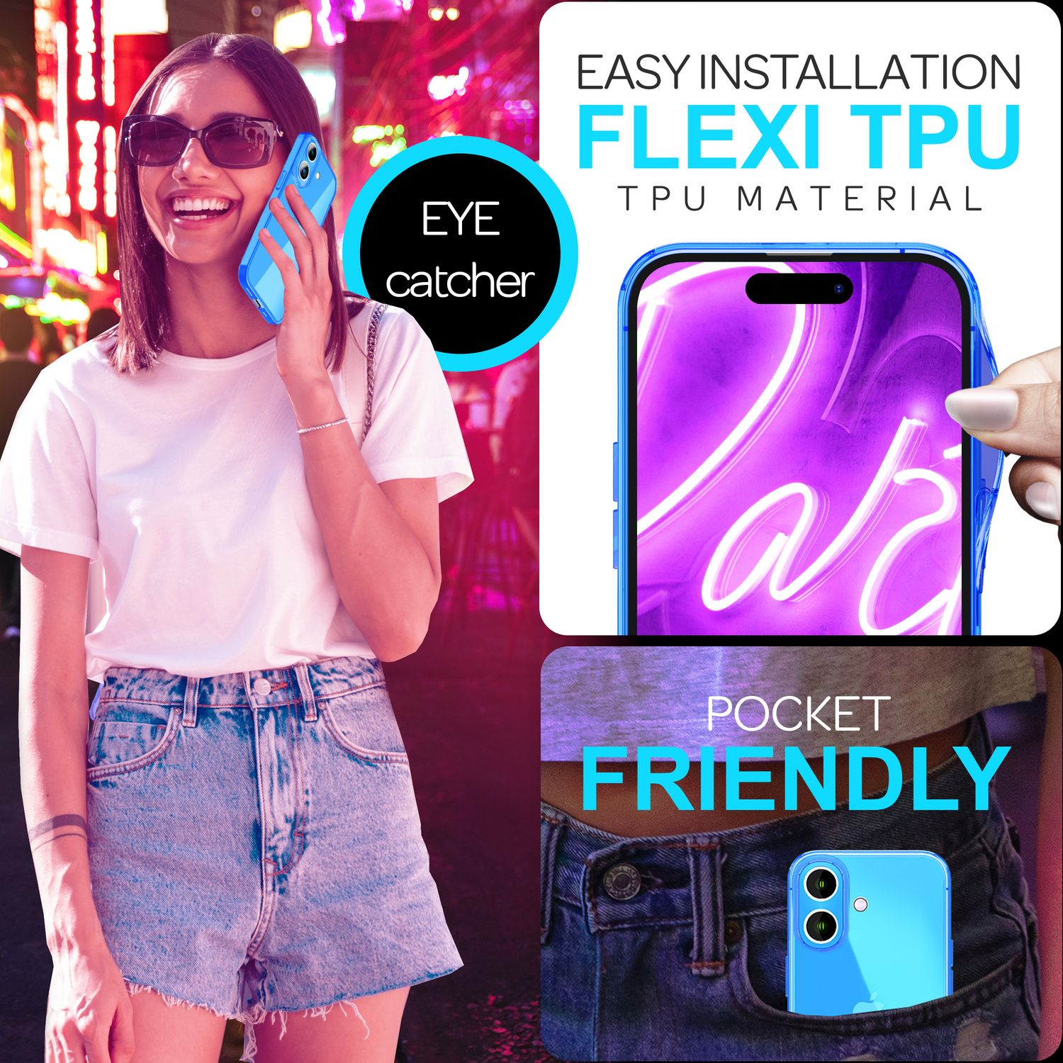 Frau benutzt blaue Handyhülle. Text: Eye Catcher, Pocket Friendly, Flexi TPU-Material.
