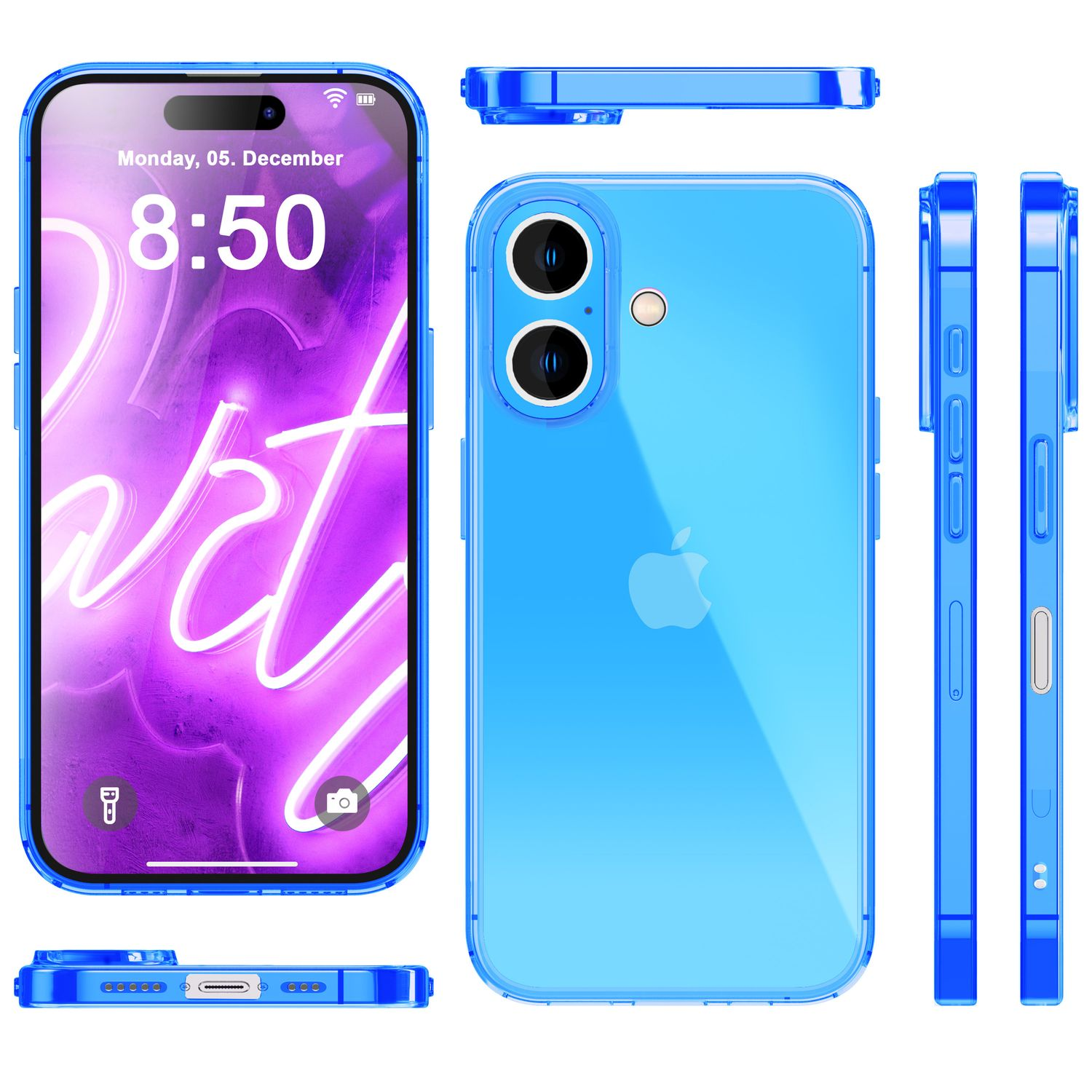 Blaue Handyhülle auf iPhone. Der Bildschirm zeigt ein lila Design.
