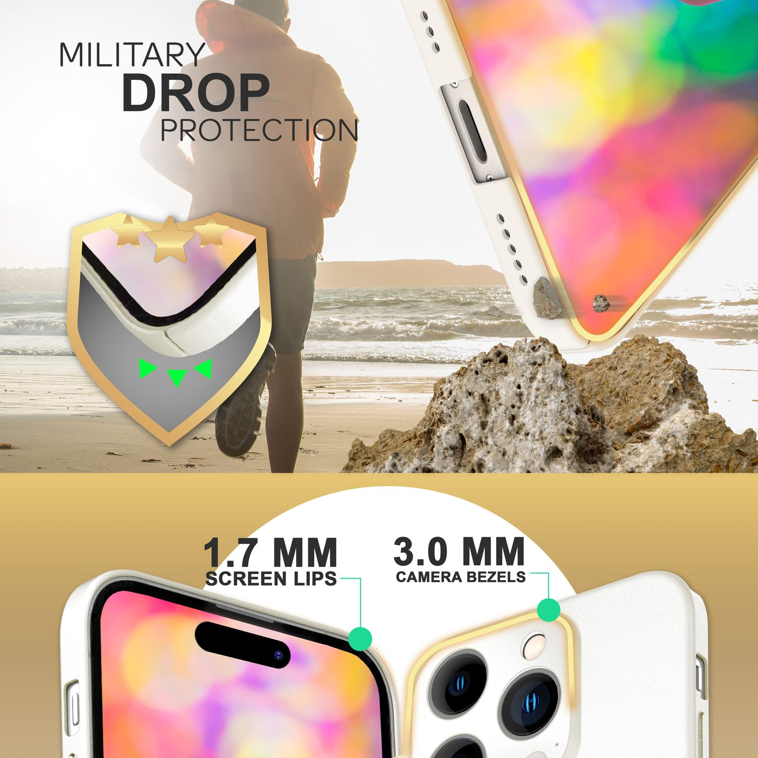 Funda con texto 'Military Drop Protection'. Muestra protección de pantalla y cámara.